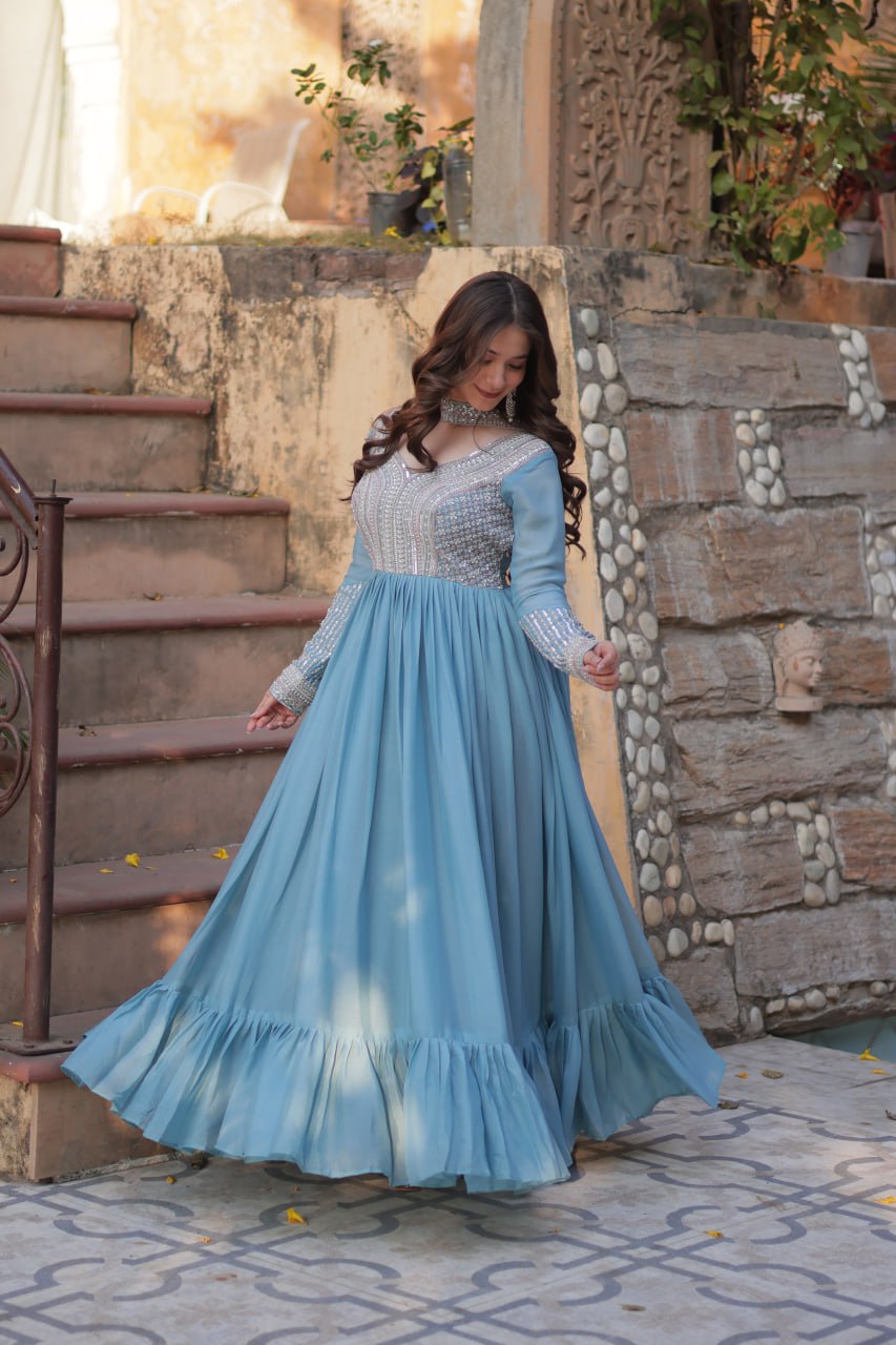 Exquisite Georgette Embroidered Beads Sequins Worked Gown With Dupatta - Ethnicwish