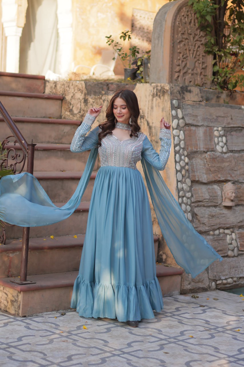 Exquisite Georgette Embroidered Beads Sequins Worked Gown With Dupatta - Ethnicwish