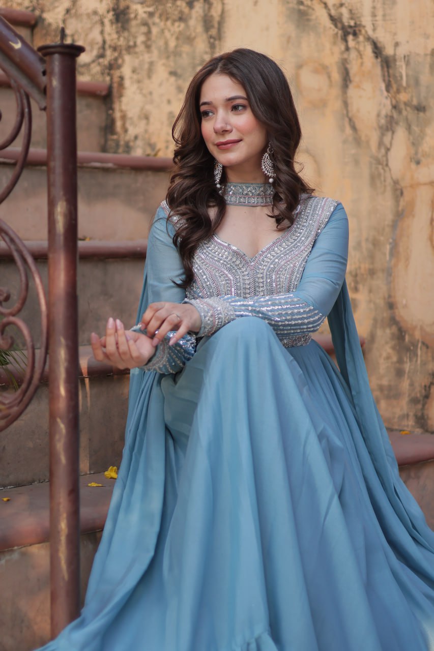 Exquisite Georgette Embroidered Beads Sequins Worked Gown With Dupatta - Ethnicwish