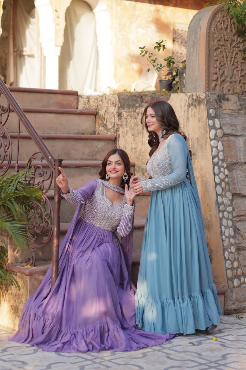 Exquisite Georgette Embroidered Beads Sequins Worked Gown With Dupatta - Ethnicwish