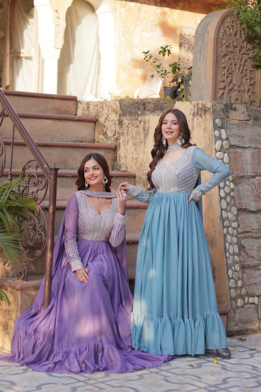 Exquisite Georgette Embroidered Beads Sequins Worked Gown With Dupatta - Ethnicwish