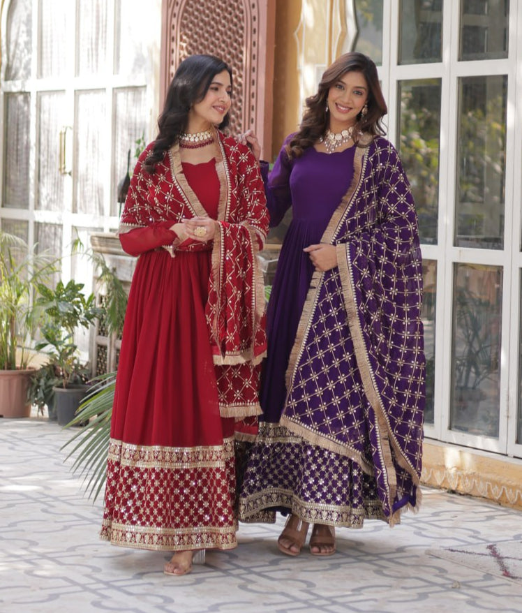 Elegant Faux Blooming Georgette Sequins Embroidered Gown Set - ETHNICDEAL