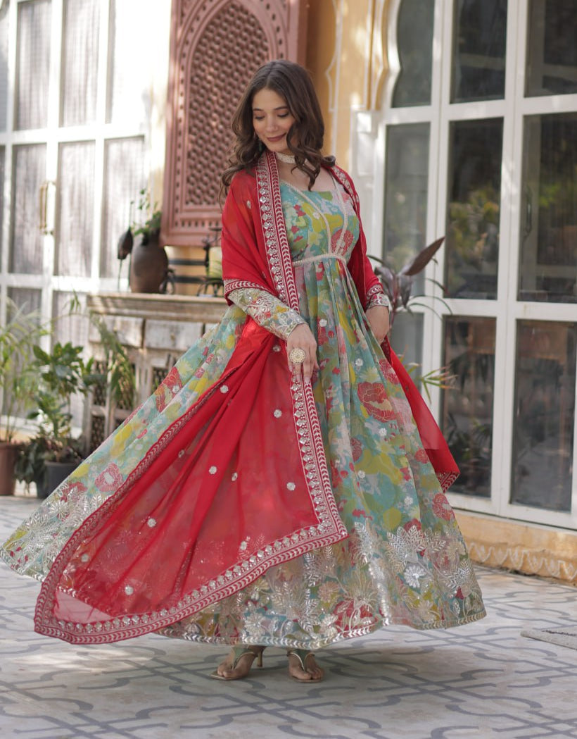 Elegant Russian Silk Anarkali Set With Embroidered Dupatta - ETHNICDEAL