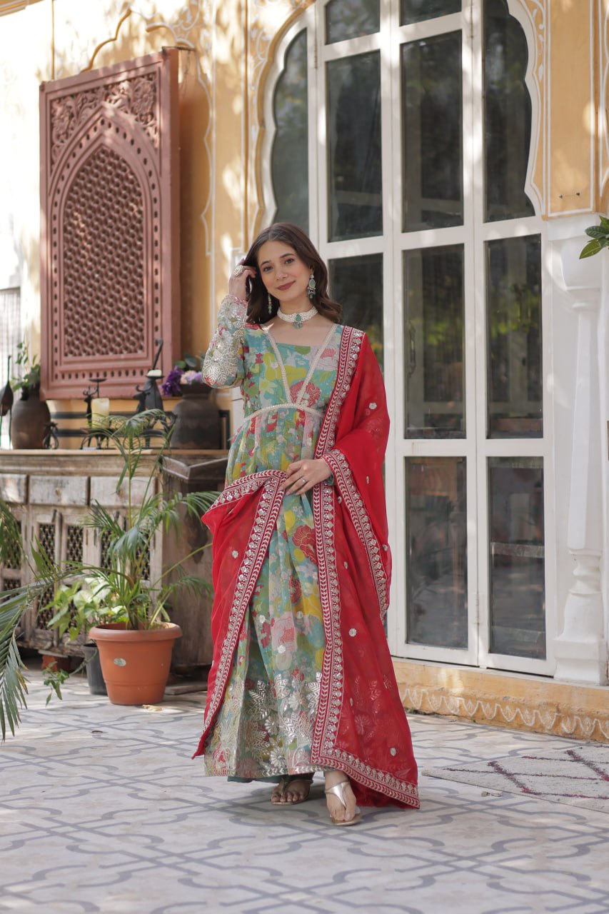 Elegant Russian Silk Anarkali Set With Embroidered Dupatta - ETHNICDEAL