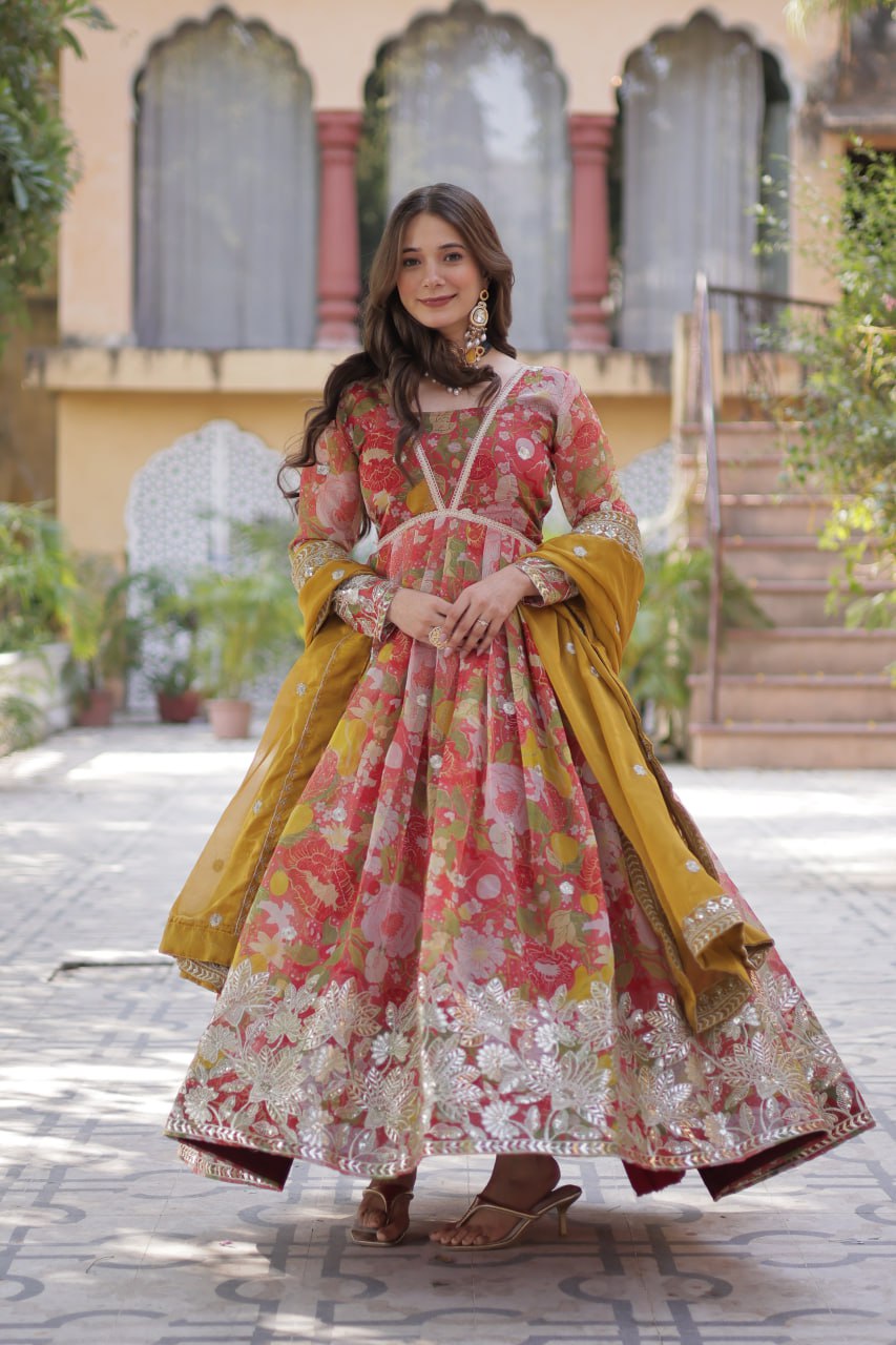 Elegant Russian Silk Anarkali Set With Embroidered Dupatta - ETHNICDEAL