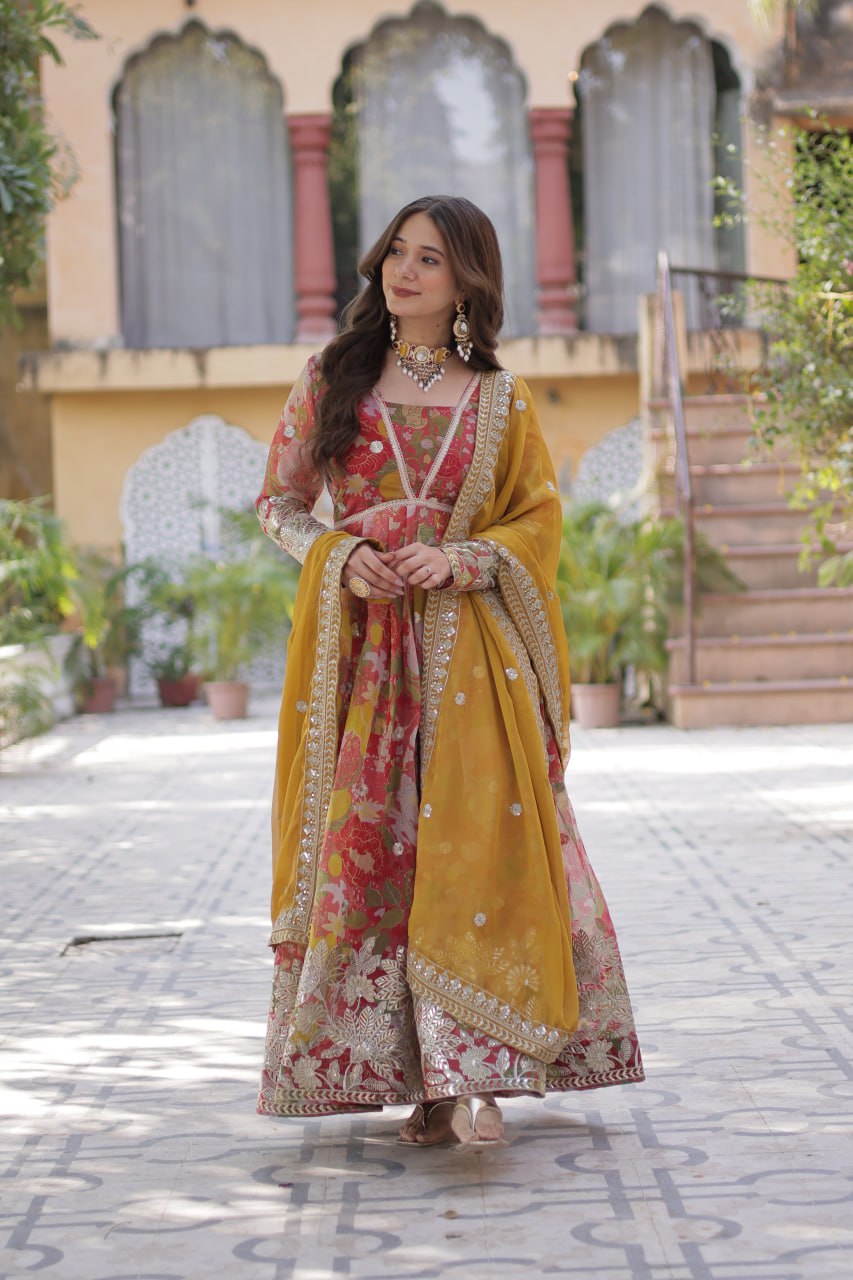 Elegant Russian Silk Anarkali Set With Embroidered Dupatta - ETHNICDEAL