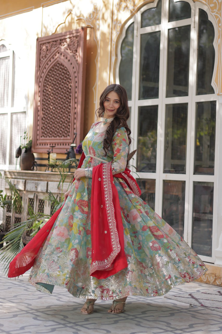 Elegant Russian Silk Anarkali Set With Embroidered Dupatta - ETHNICDEAL