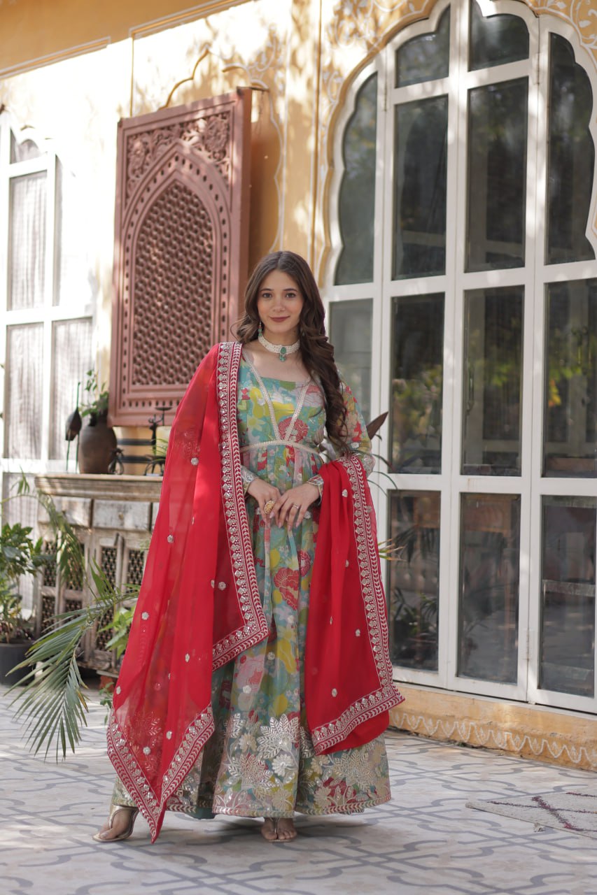 Elegant Russian Silk Anarkali Set With Embroidered Dupatta - ETHNICDEAL