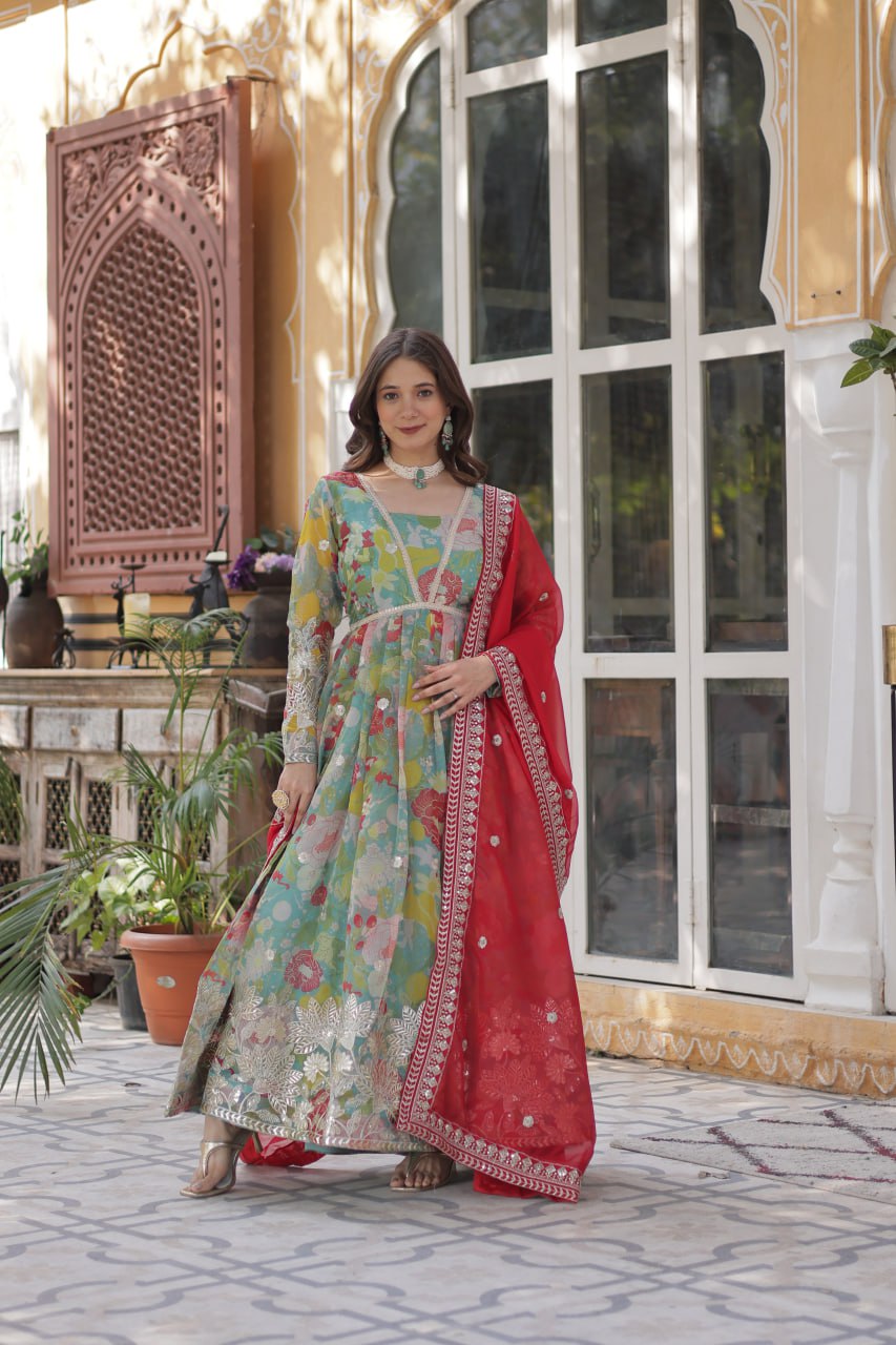 Elegant Russian Silk Anarkali Set With Embroidered Dupatta - ETHNICDEAL