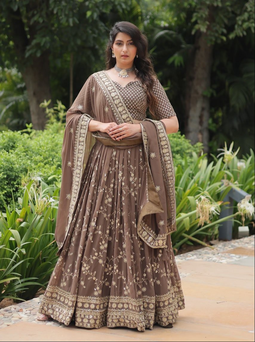 Breathtaking Brown Faux Georgette Sequins Embroidered Lehenga Choli - Ethnicwish