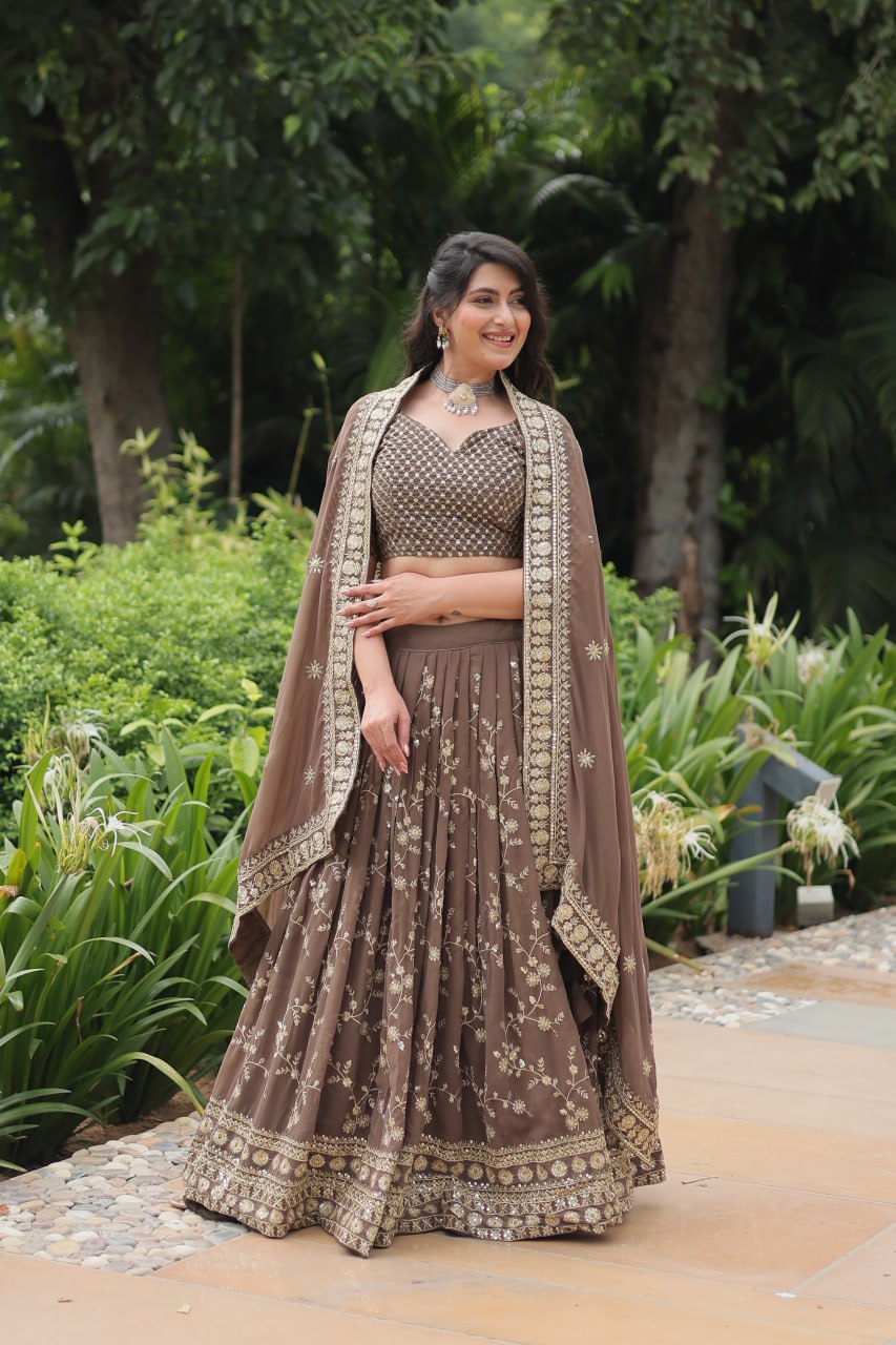 Breathtaking Brown Faux Georgette Sequins Embroidered Lehenga Choli - Ethnicwish