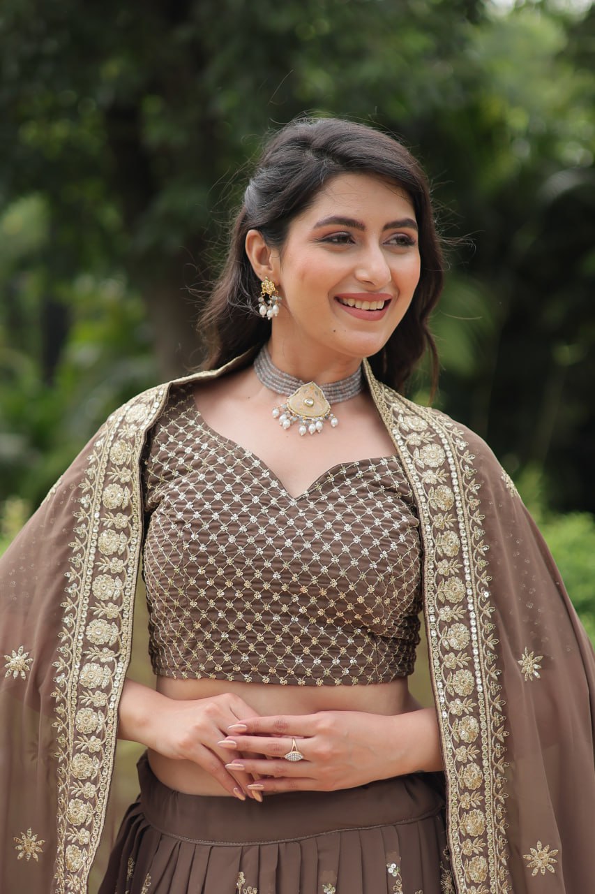 Breathtaking Brown Faux Georgette Sequins Embroidered Lehenga Choli - Ethnicwish