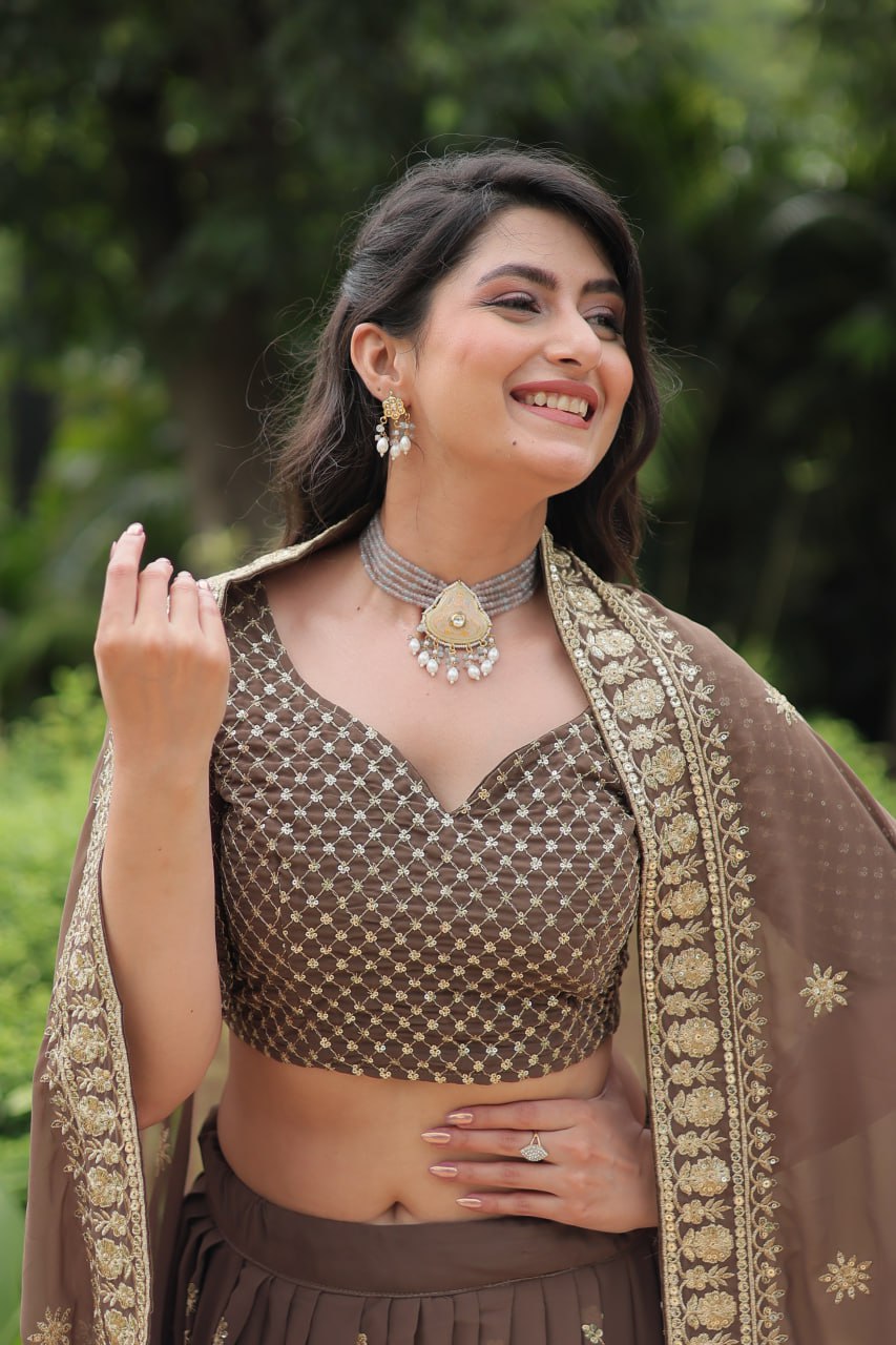 Breathtaking Brown Faux Georgette Sequins Embroidered Lehenga Choli - Ethnicwish