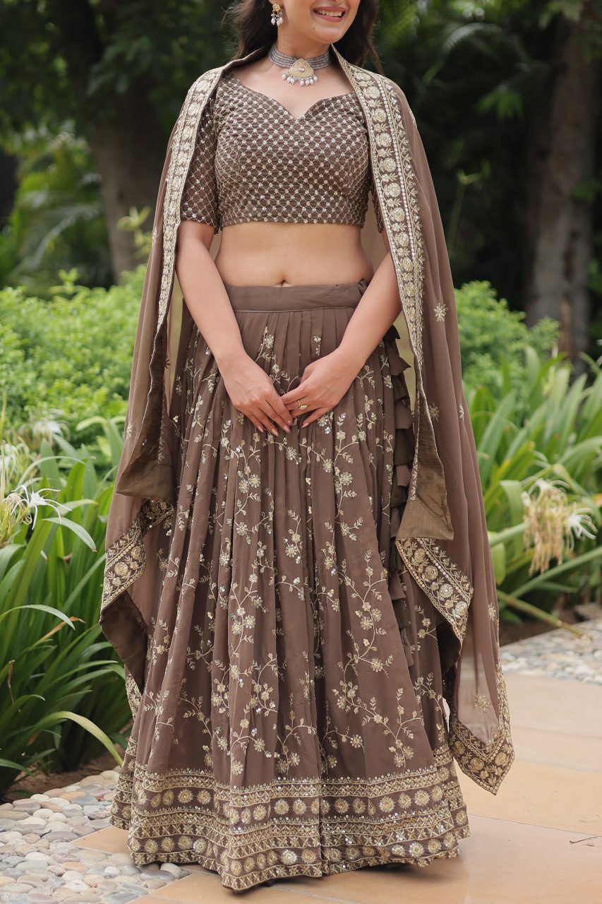 Breathtaking Brown Faux Georgette Sequins Embroidered Lehenga Choli - Ethnicwish