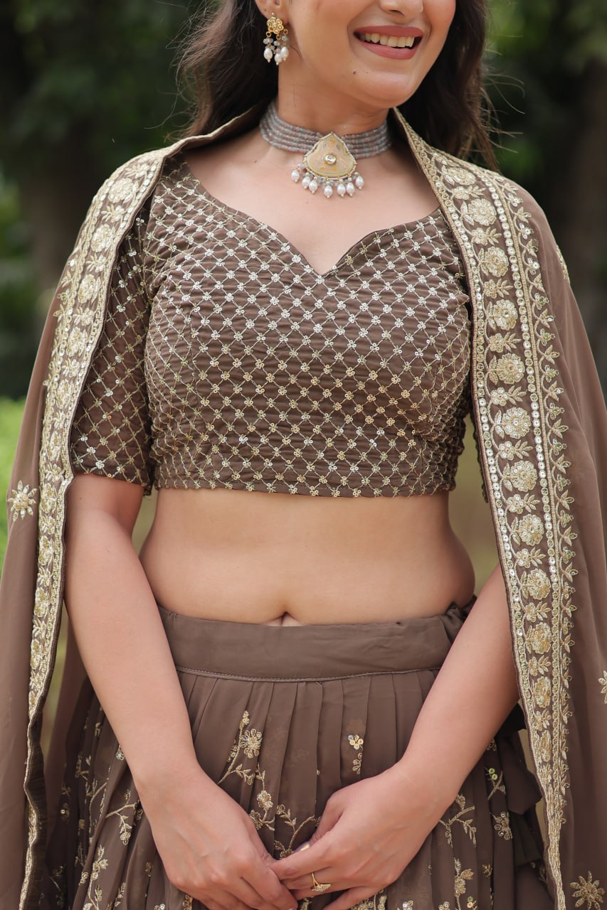 Breathtaking Brown Faux Georgette Sequins Embroidered Lehenga Choli - Ethnicwish