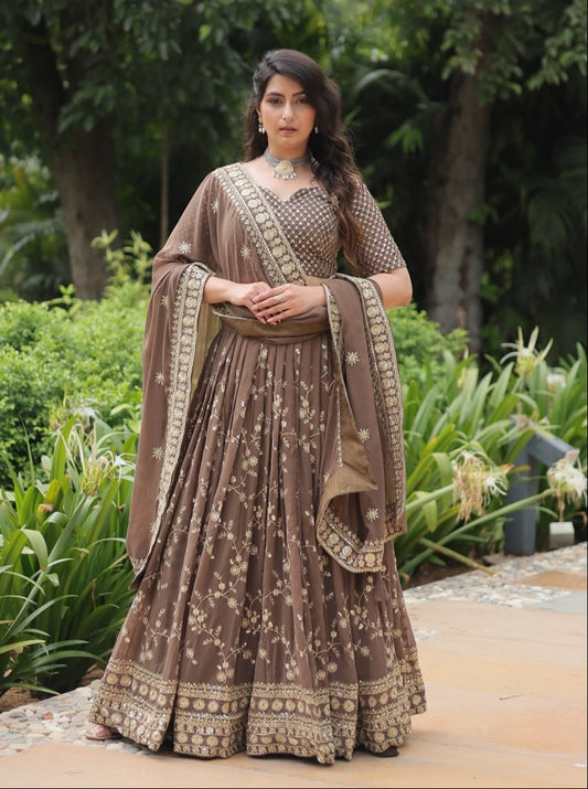 Breathtaking Brown Faux Georgette Sequins Embroidered Lehenga Choli - Ethnicwish
