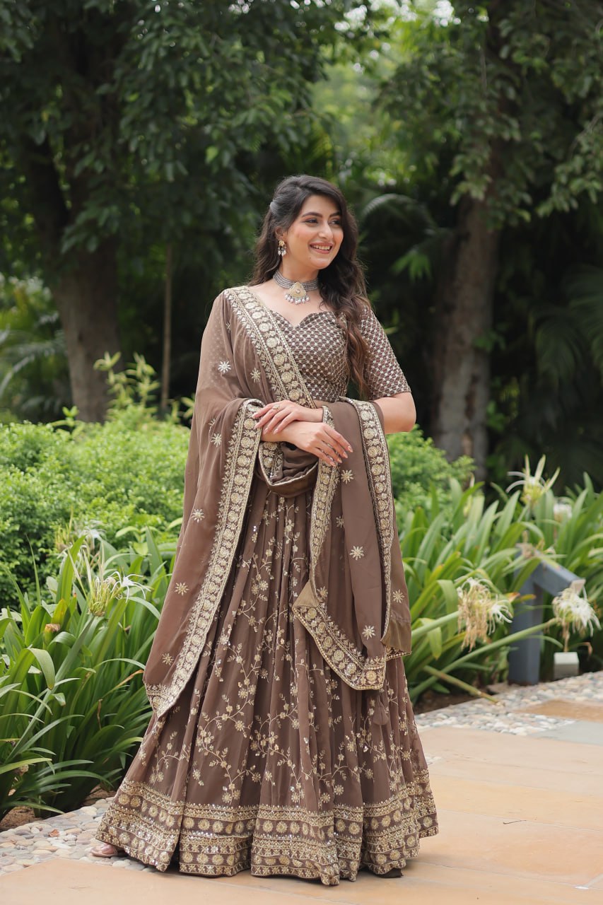 Breathtaking Brown Faux Georgette Sequins Embroidered Lehenga Choli - Ethnicwish