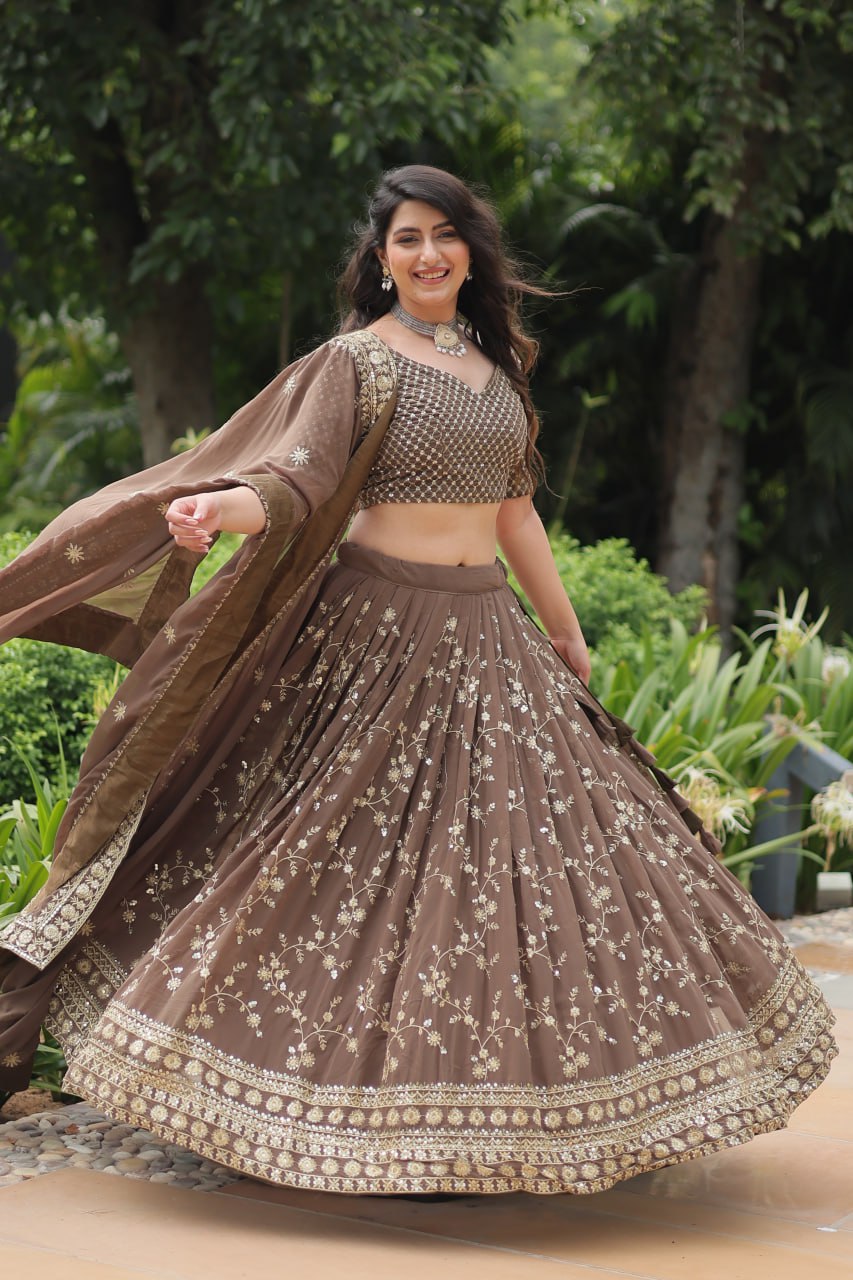 Breathtaking Brown Faux Georgette Sequins Embroidered Lehenga Choli - Ethnicwish