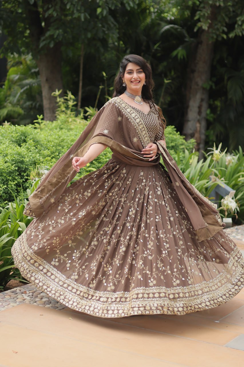 Breathtaking Brown Faux Georgette Sequins Embroidered Lehenga Choli - Ethnicwish