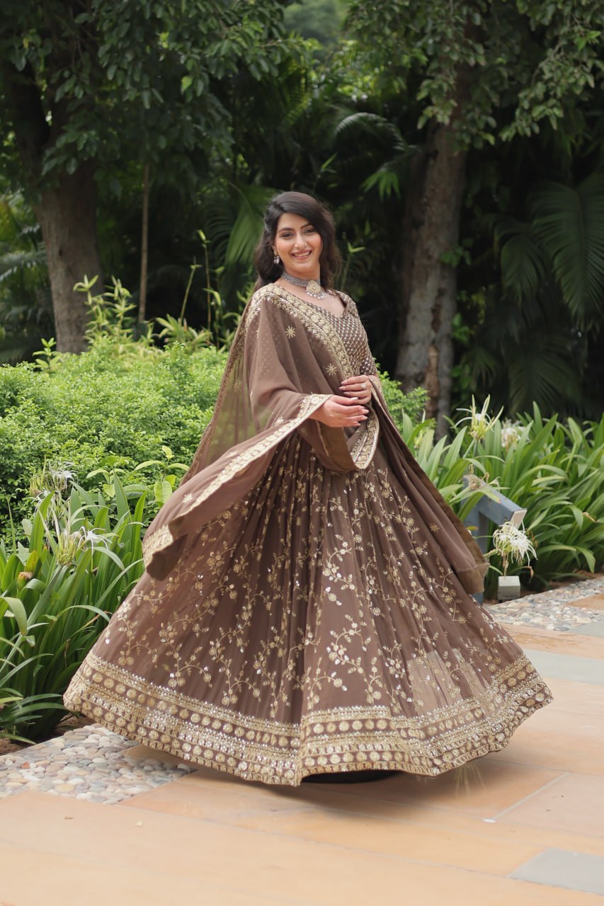 Breathtaking Brown Faux Georgette Sequins Embroidered Lehenga Choli - Ethnicwish