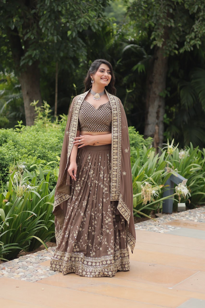 Breathtaking Brown Faux Georgette Sequins Embroidered Lehenga Choli - Ethnicwish