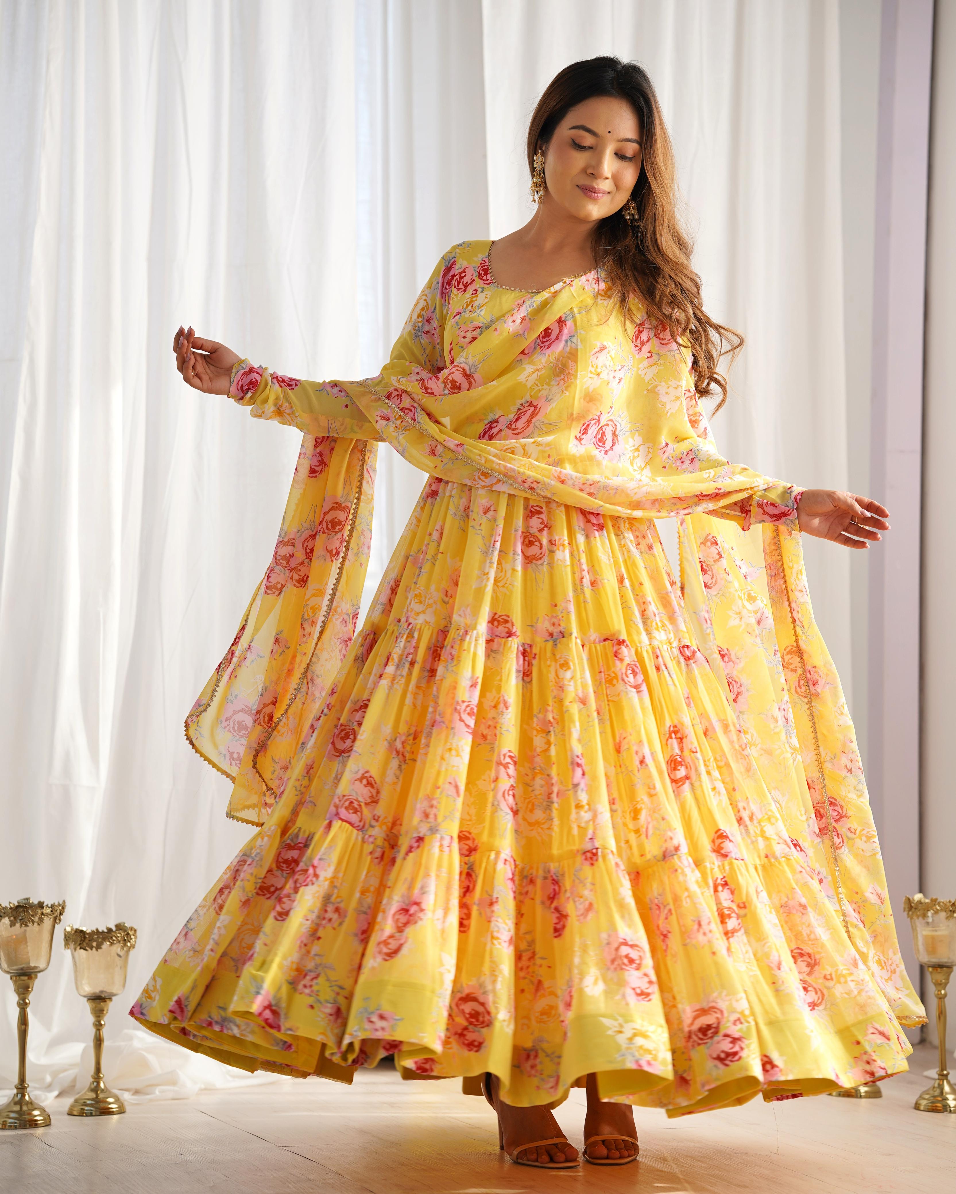 Graceful Yellow Floral Printed Fully Stitched Anarkali Pant Suit - Ethnicwish