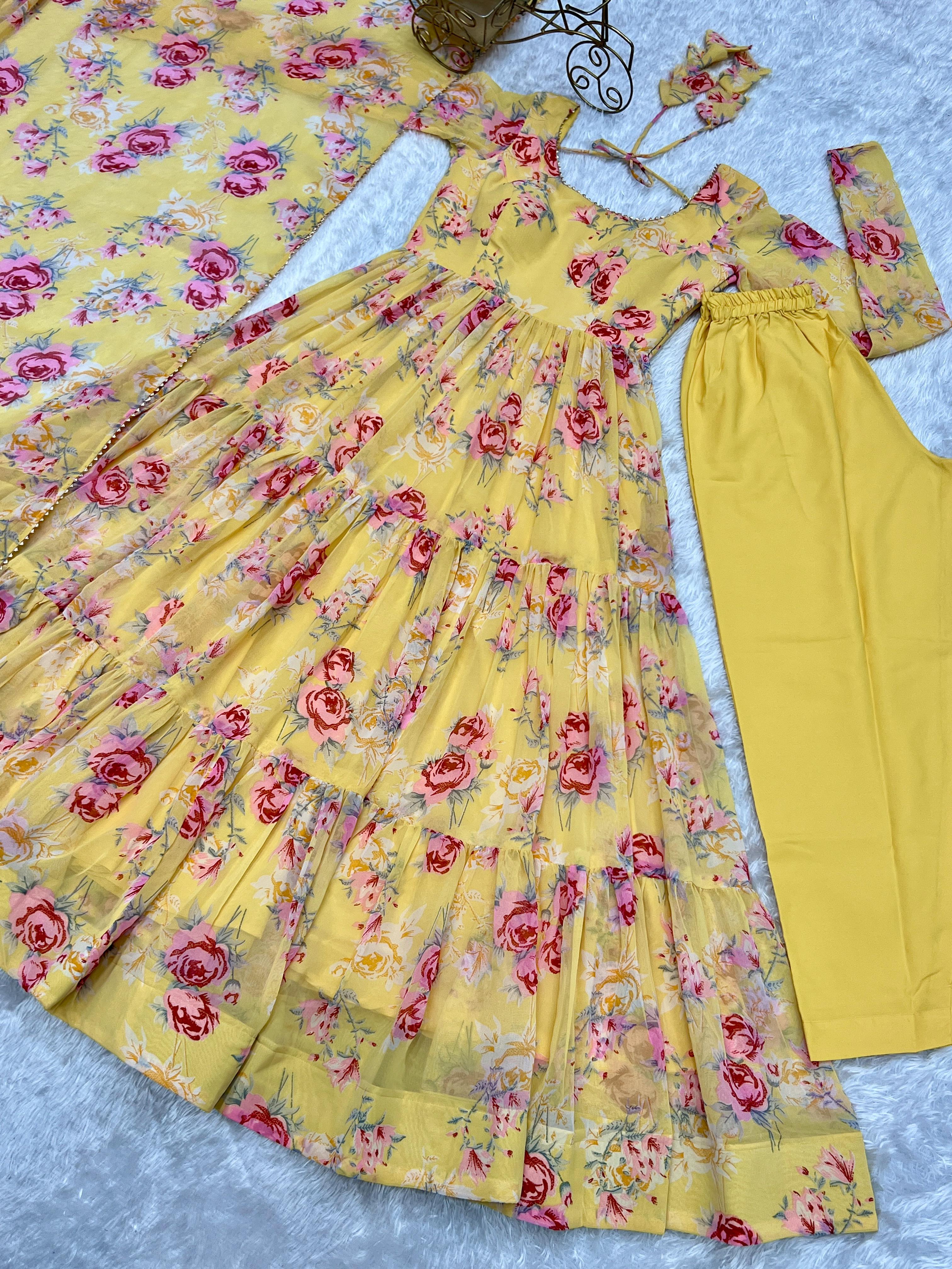Graceful Yellow Floral Printed Fully Stitched Anarkali Pant Suit - Ethnicwish