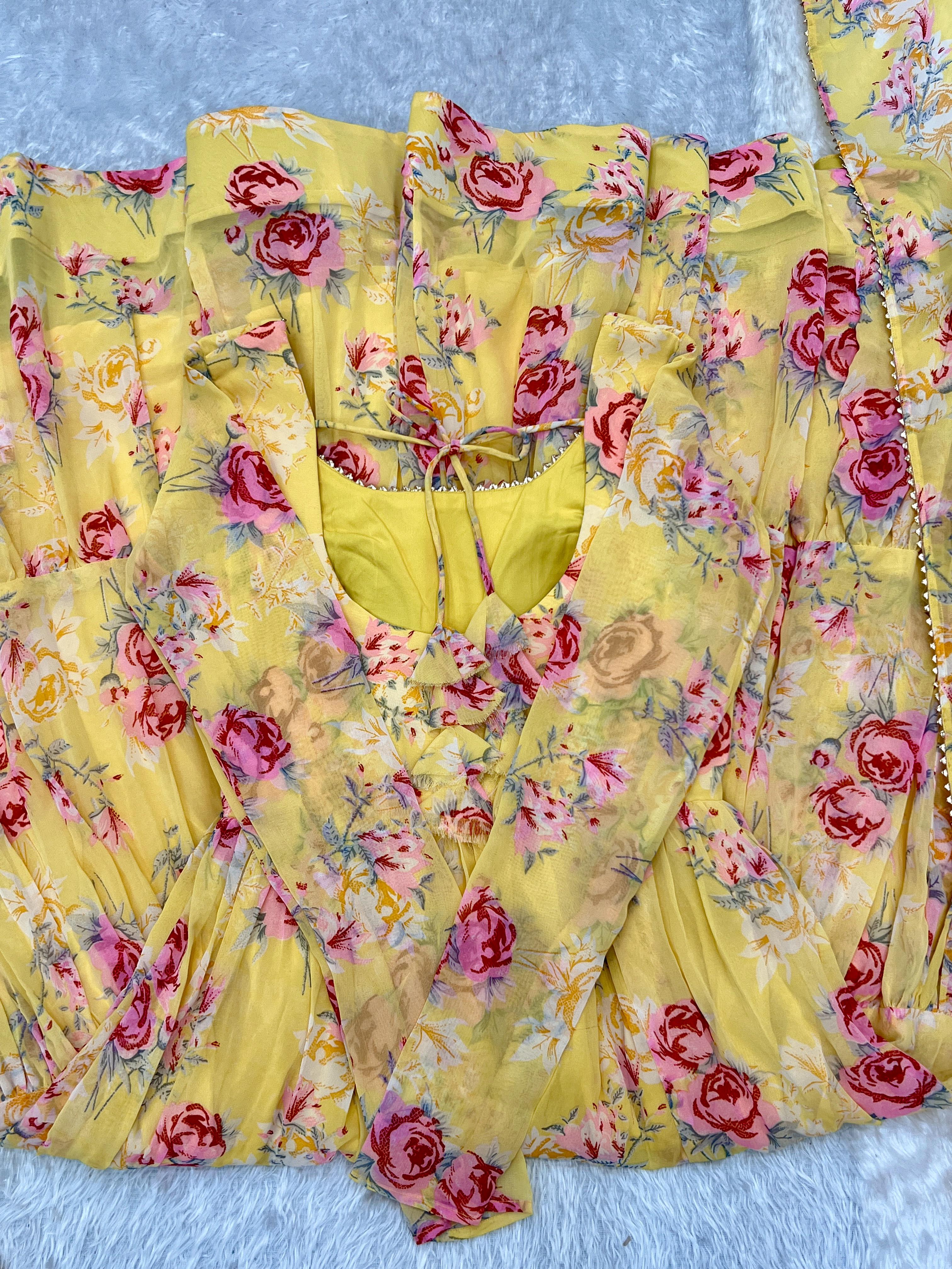 Graceful Yellow Floral Printed Fully Stitched Anarkali Pant Suit - Ethnicwish