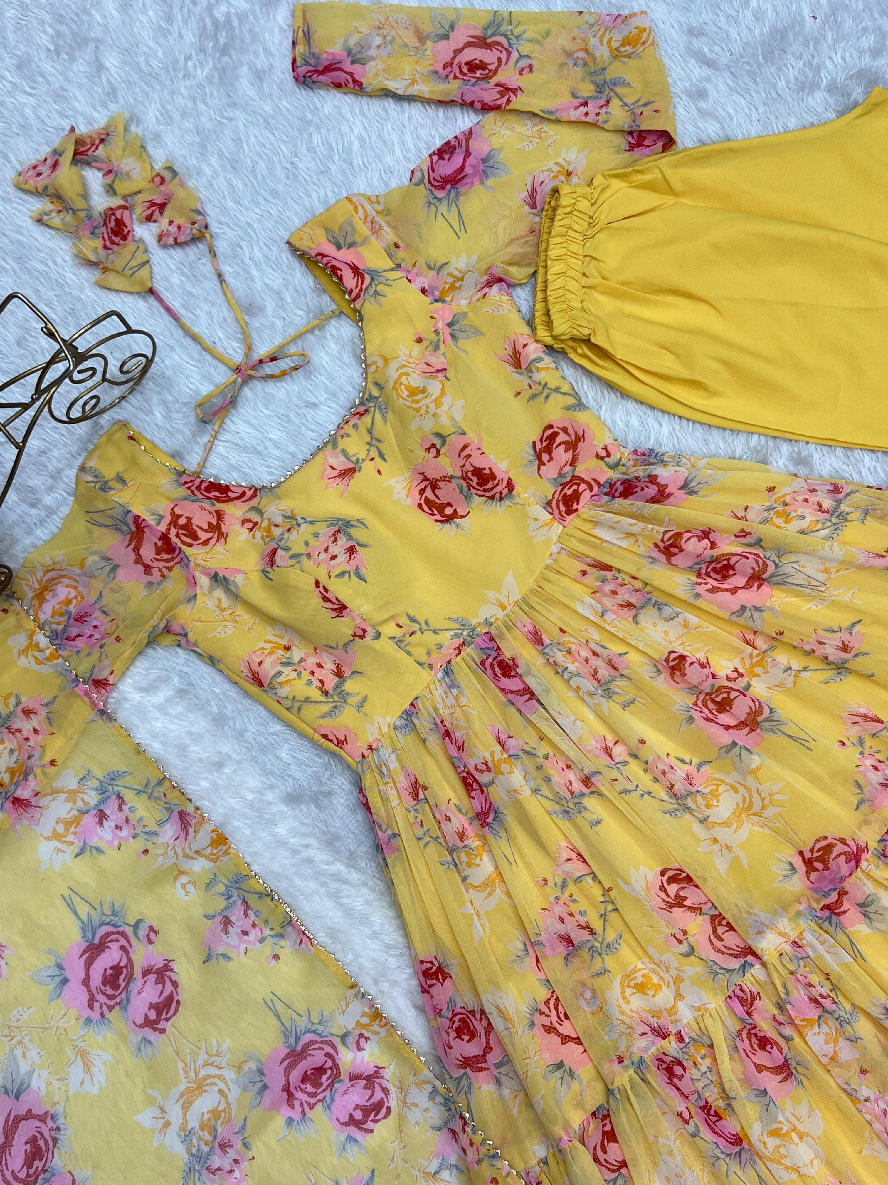 Graceful Yellow Floral Printed Fully Stitched Anarkali Pant Suit - Ethnicwish