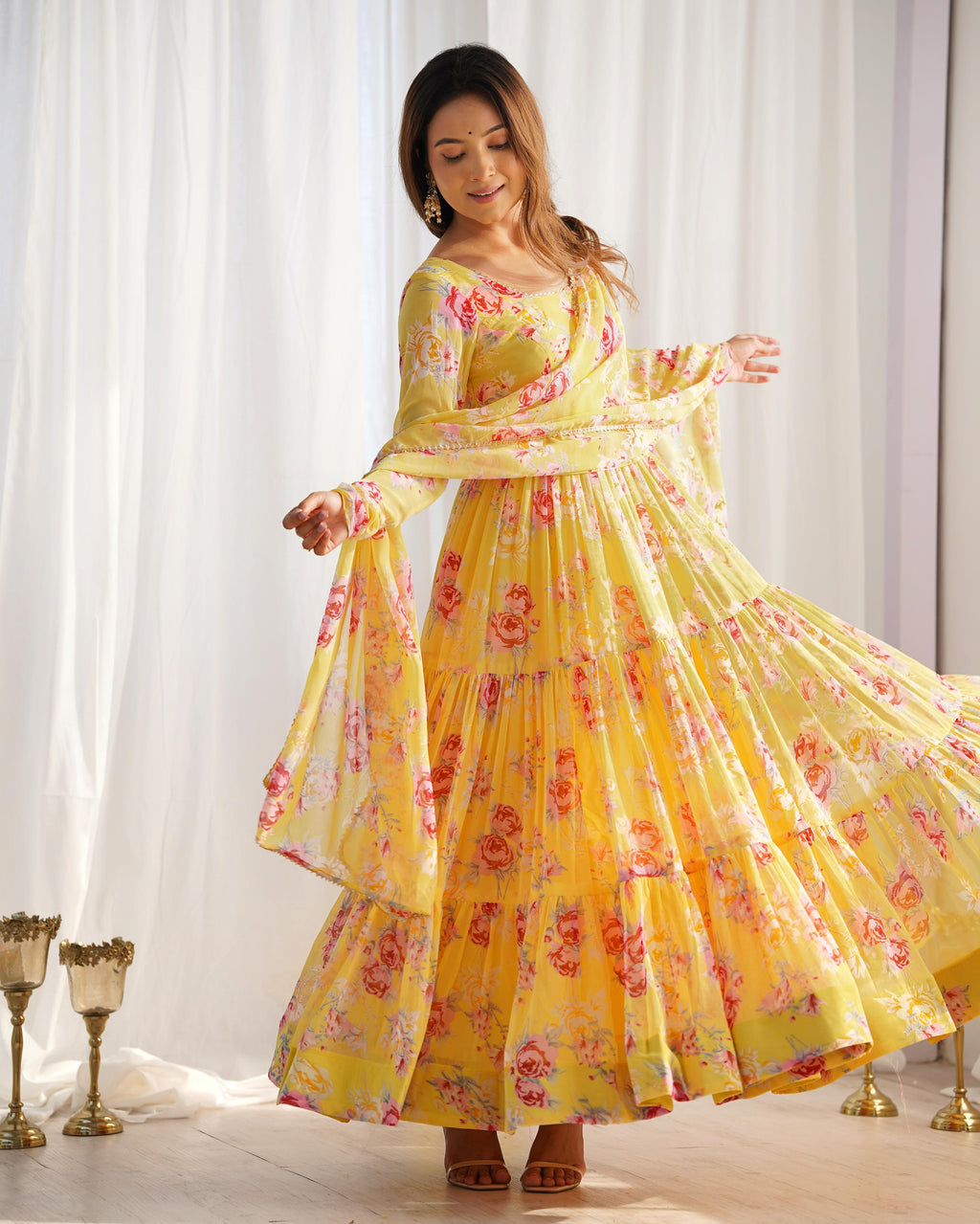 Graceful Yellow Floral Printed Fully Stitched Anarkali Pant Suit - Ethnicwish