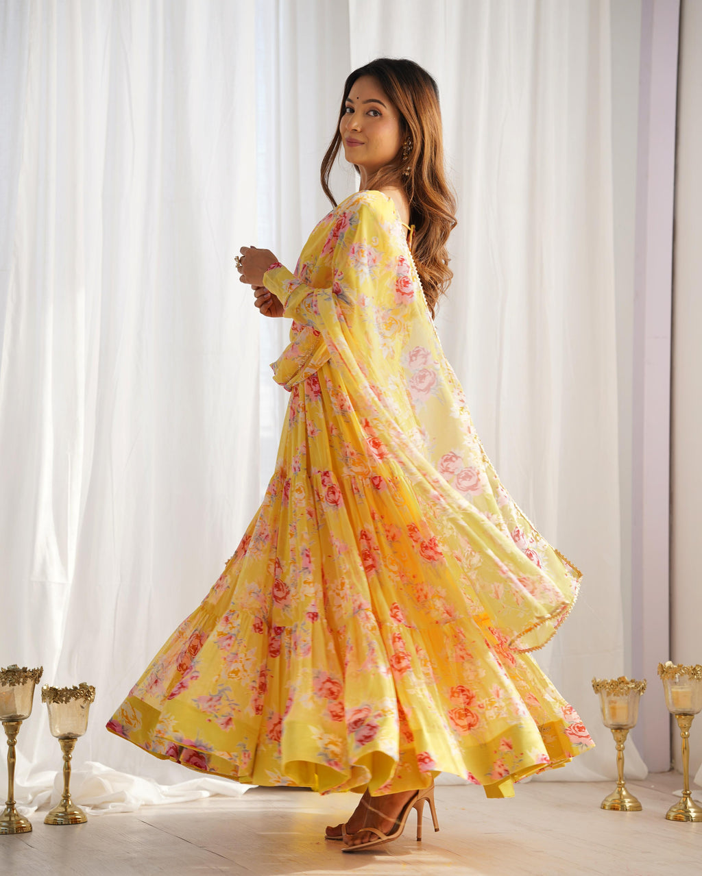 Graceful Yellow Floral Printed Fully Stitched Anarkali Pant Suit - Ethnicwish