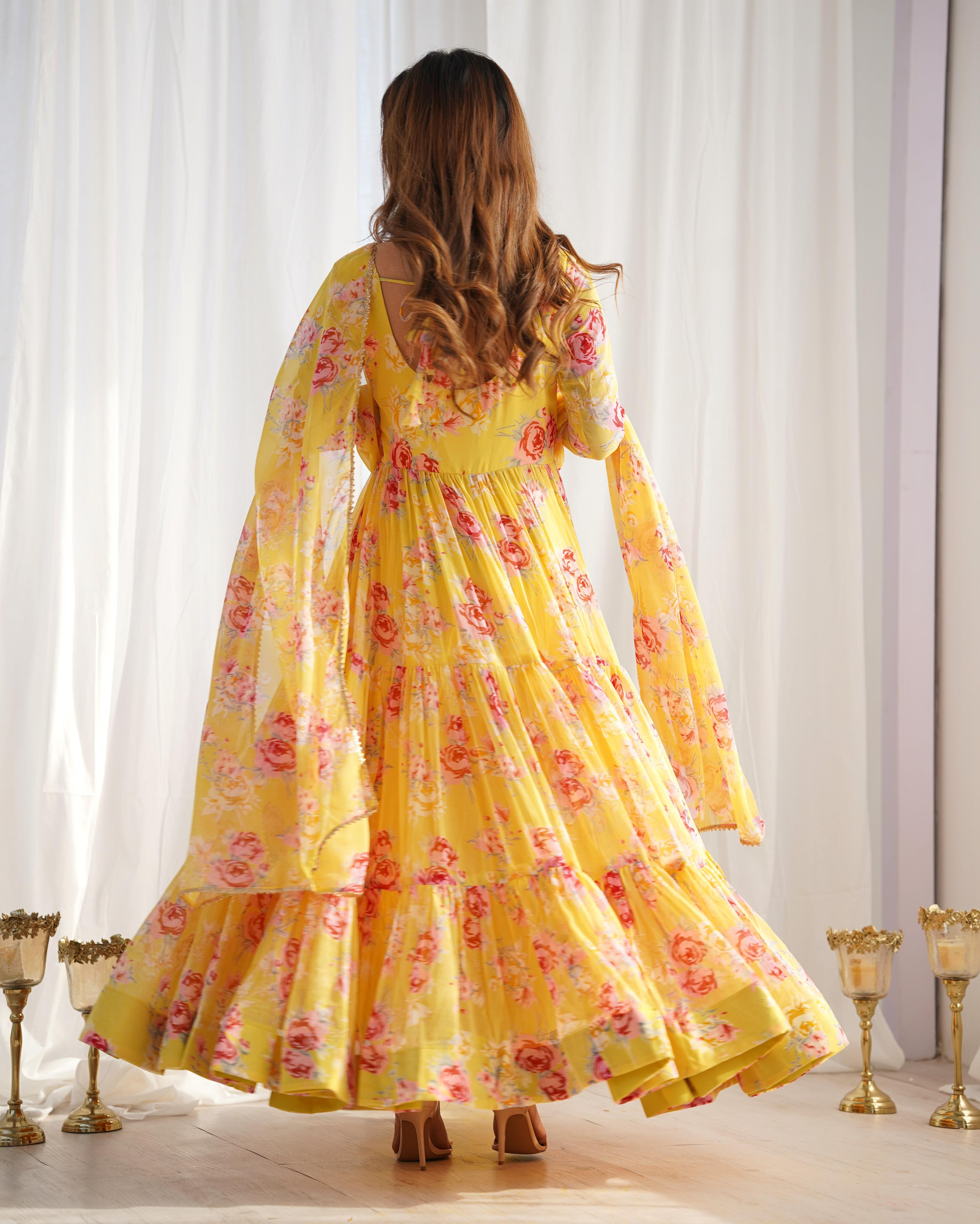 Graceful Yellow Floral Printed Fully Stitched Anarkali Pant Suit - Ethnicwish