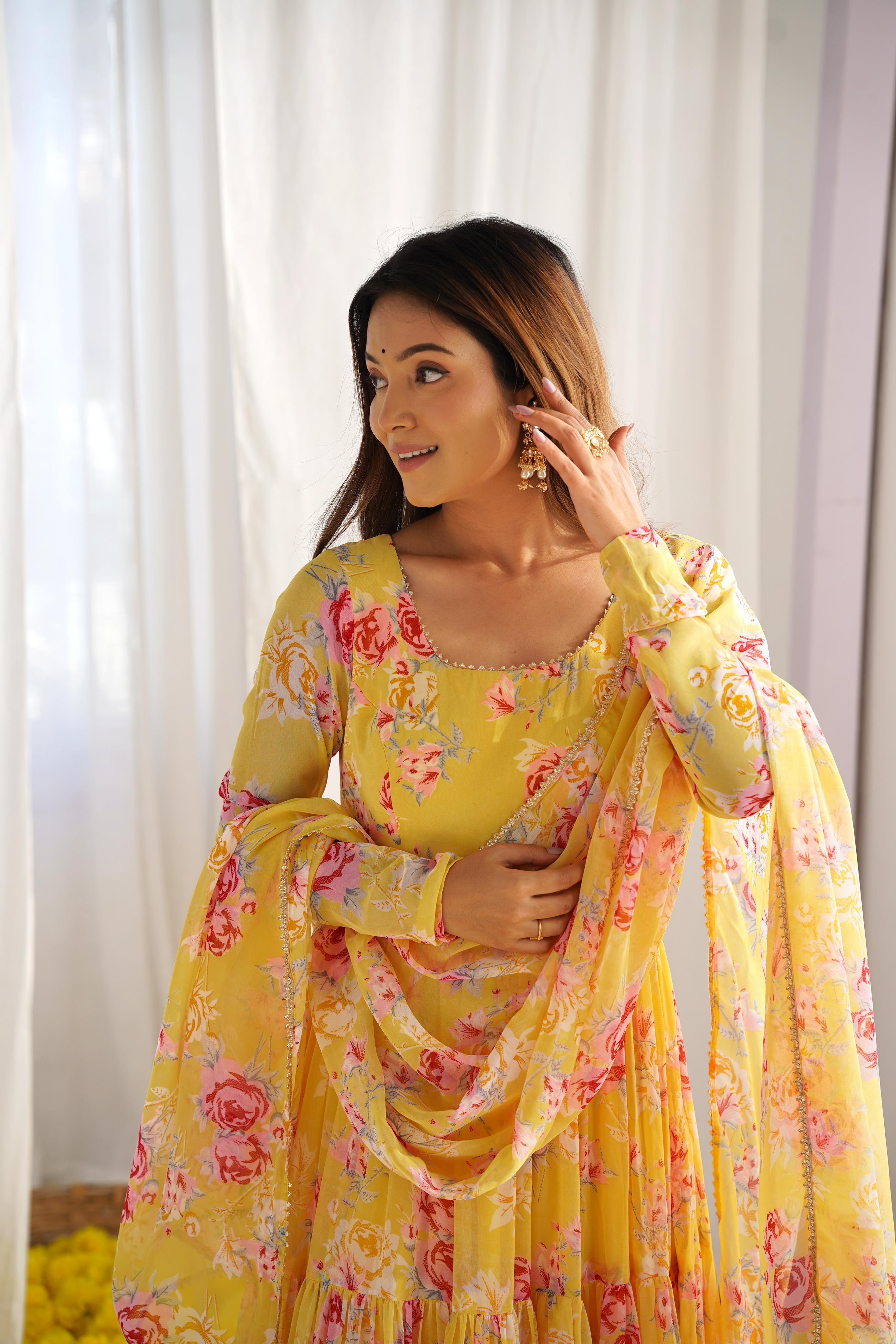 Graceful Yellow Floral Printed Fully Stitched Anarkali Pant Suit - Ethnicwish