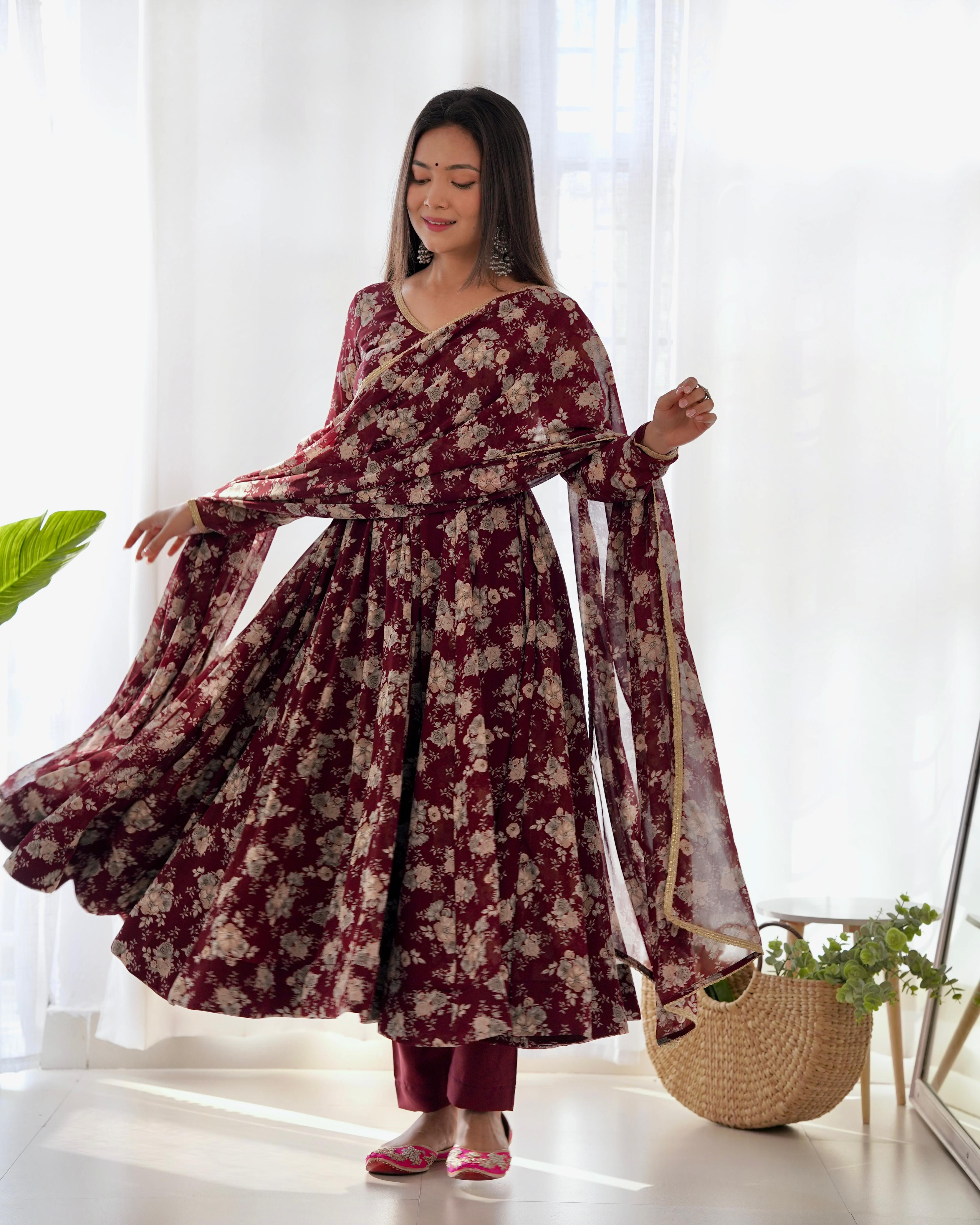 Exquisite Dark Maroon Floral Printed Fully Stitched Designer Anarkali Pant Suit - Ethnicwish