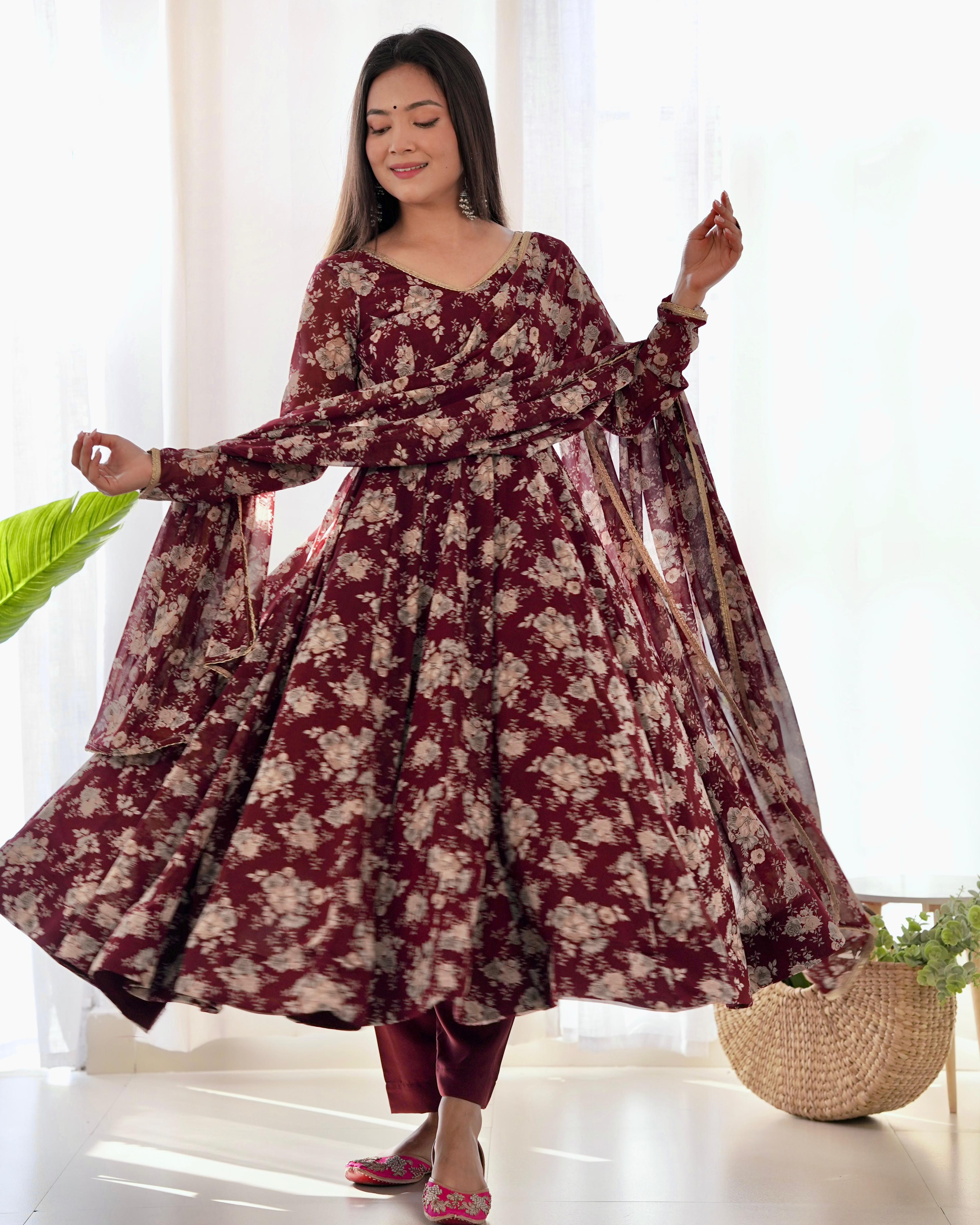 Exquisite Dark Maroon Floral Printed Fully Stitched Designer Anarkali Pant Suit - Ethnicwish