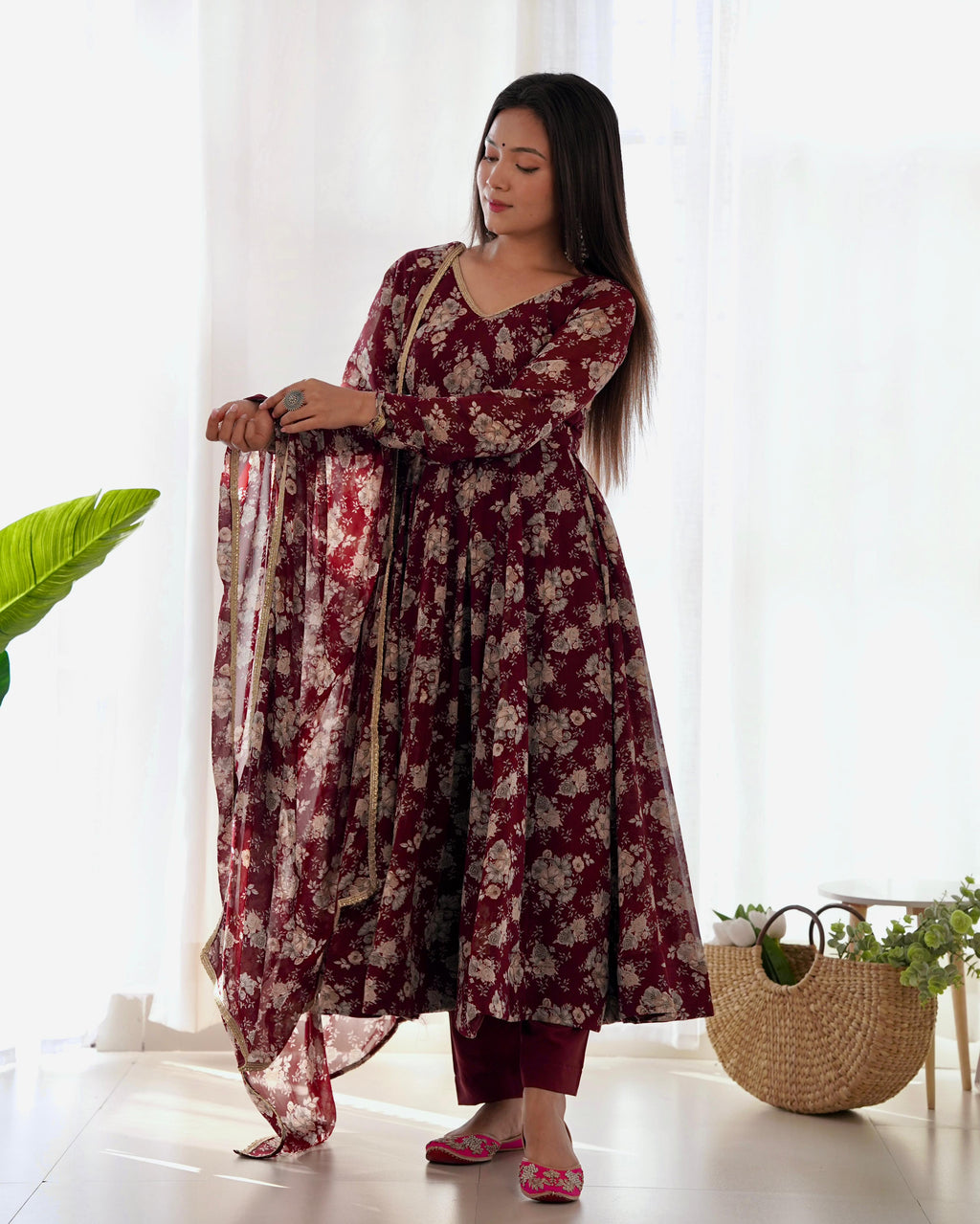 Exquisite Dark Maroon Floral Printed Fully Stitched Designer Anarkali Pant Suit - Ethnicwish