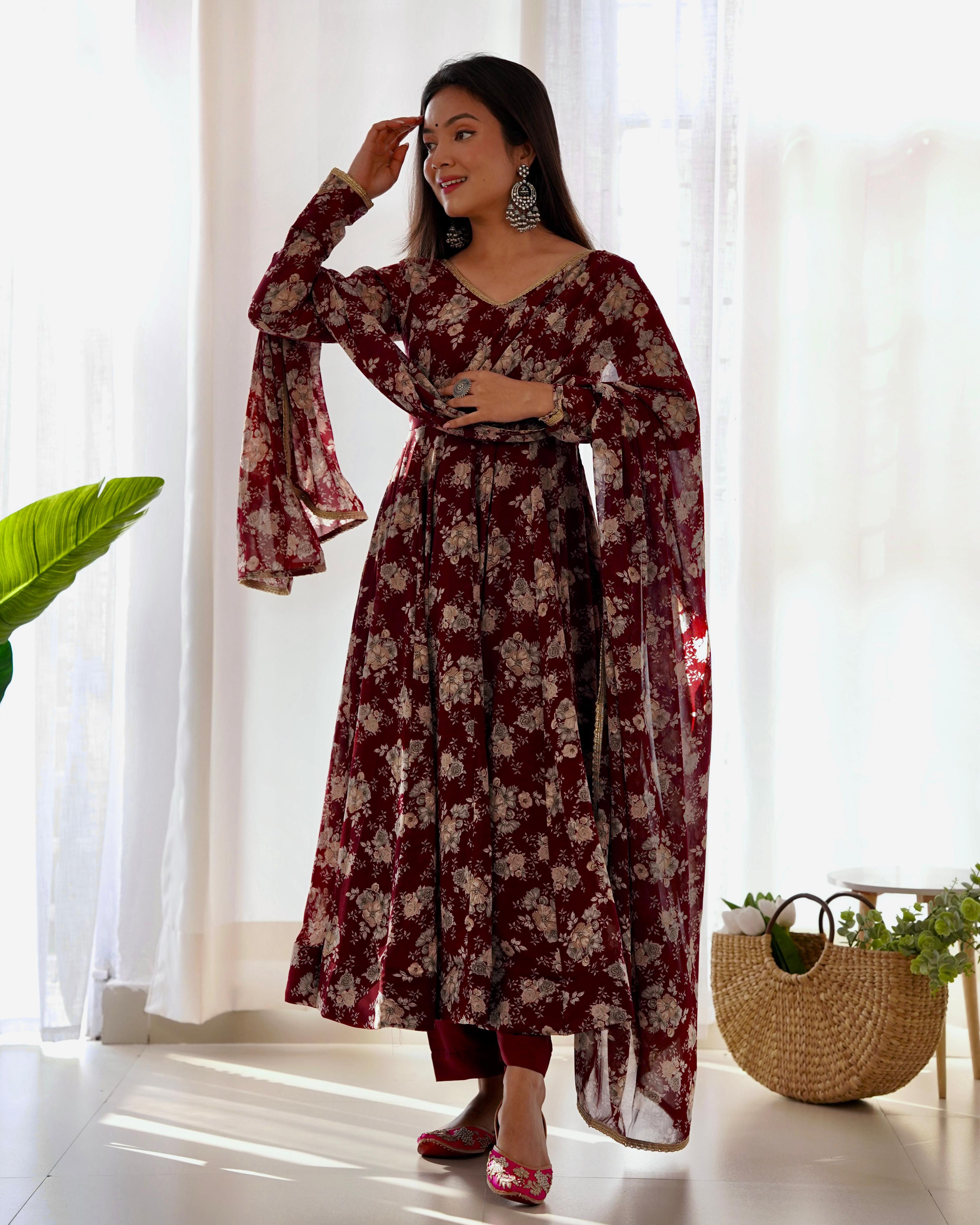 Exquisite Dark Maroon Floral Printed Fully Stitched Designer Anarkali Pant Suit - Ethnicwish