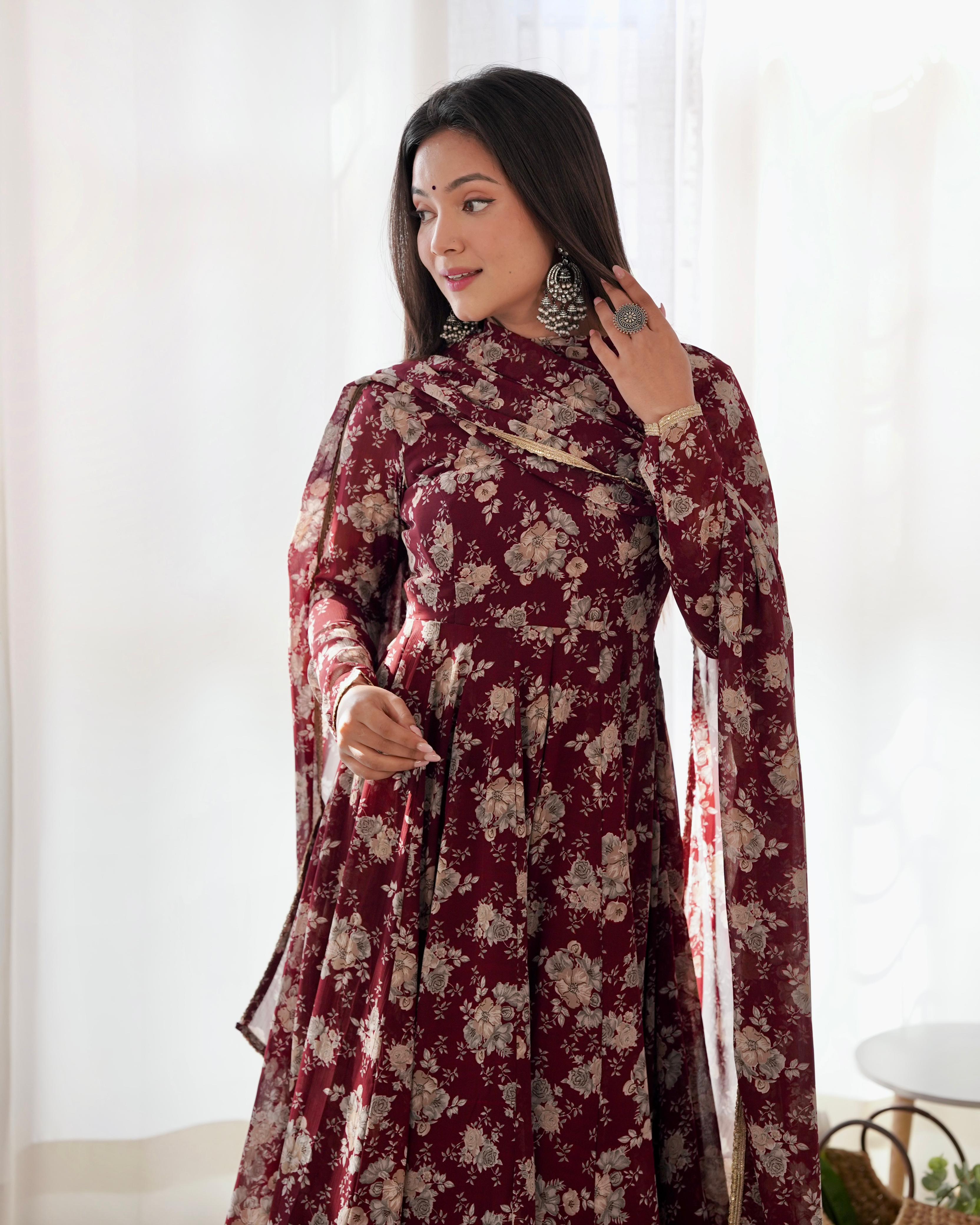 Exquisite Dark Maroon Floral Printed Fully Stitched Designer Anarkali Pant Suit - Ethnicwish