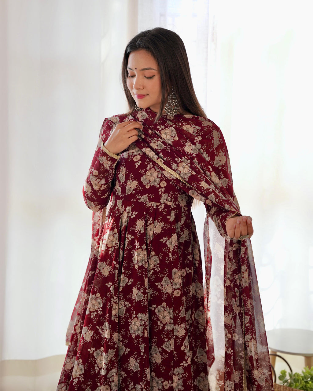 Exquisite Dark Maroon Floral Printed Fully Stitched Designer Anarkali Pant Suit - Ethnicwish
