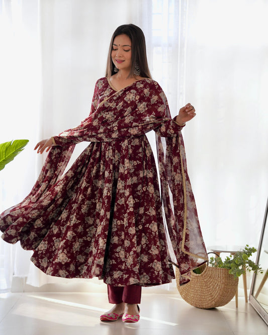 Exquisite Dark Maroon Floral Printed Fully Stitched Designer Anarkali Pant Suit - Ethnicwish