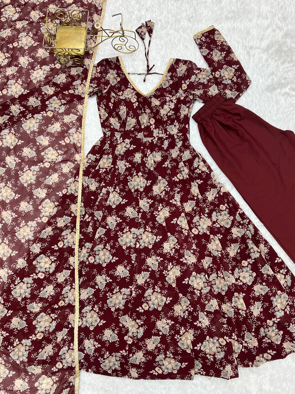 Exquisite Dark Maroon Floral Printed Fully Stitched Designer Anarkali Pant Suit - Ethnicwish