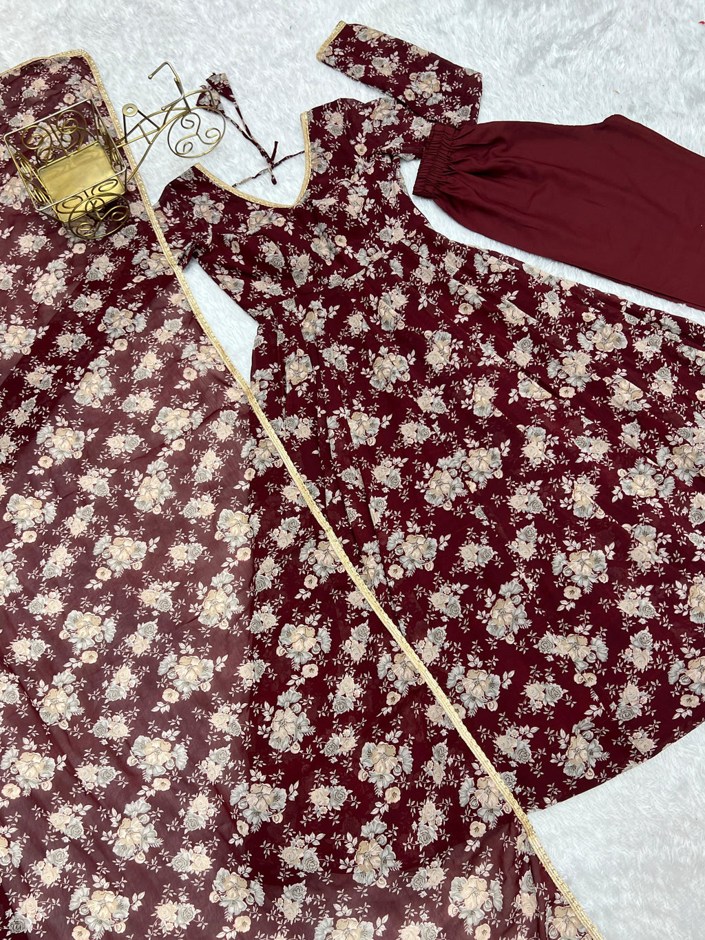 Exquisite Dark Maroon Floral Printed Fully Stitched Designer Anarkali Pant Suit - Ethnicwish
