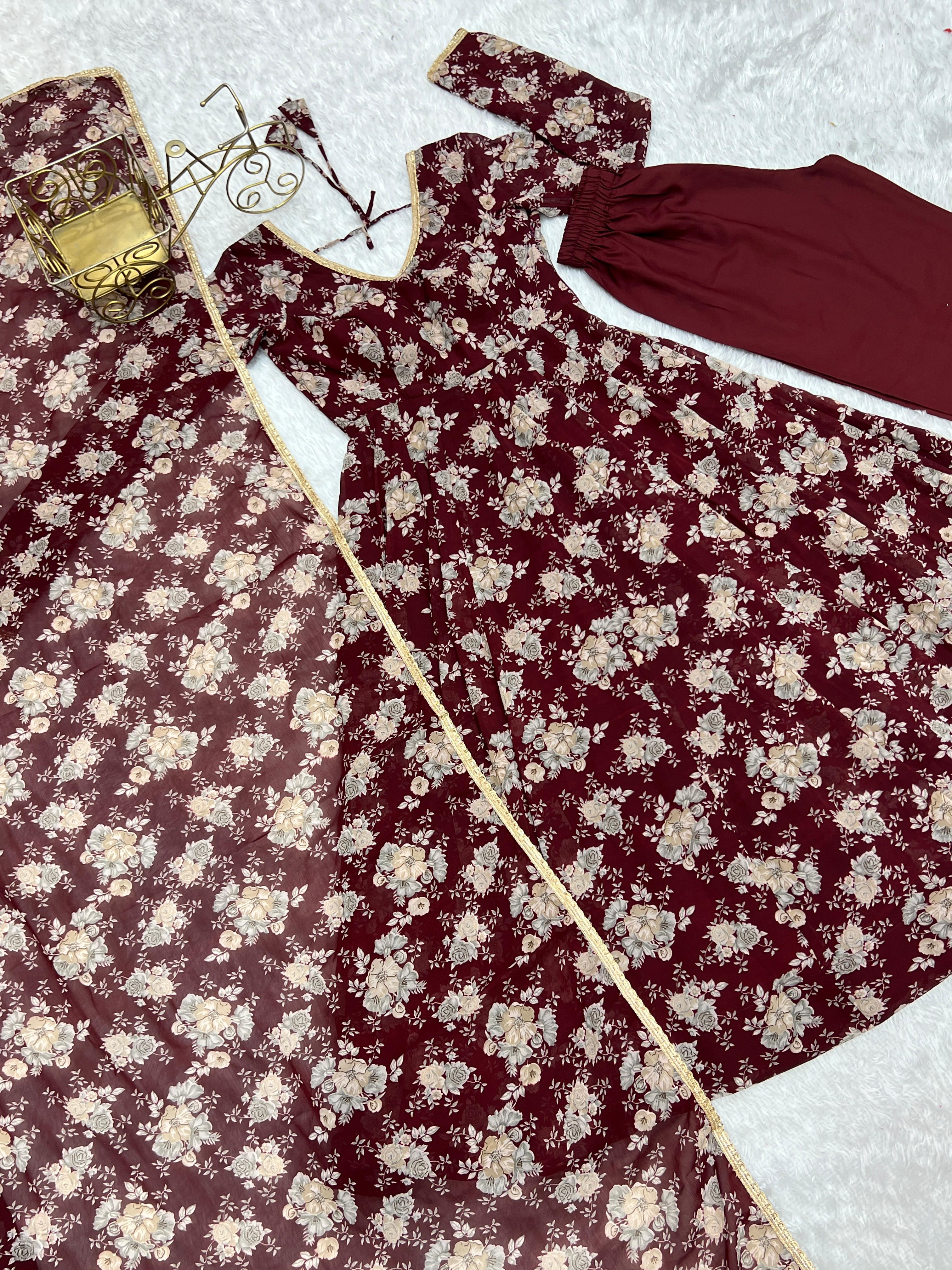 Exquisite Dark Maroon Floral Printed Fully Stitched Designer Anarkali Pant Suit - Ethnicwish