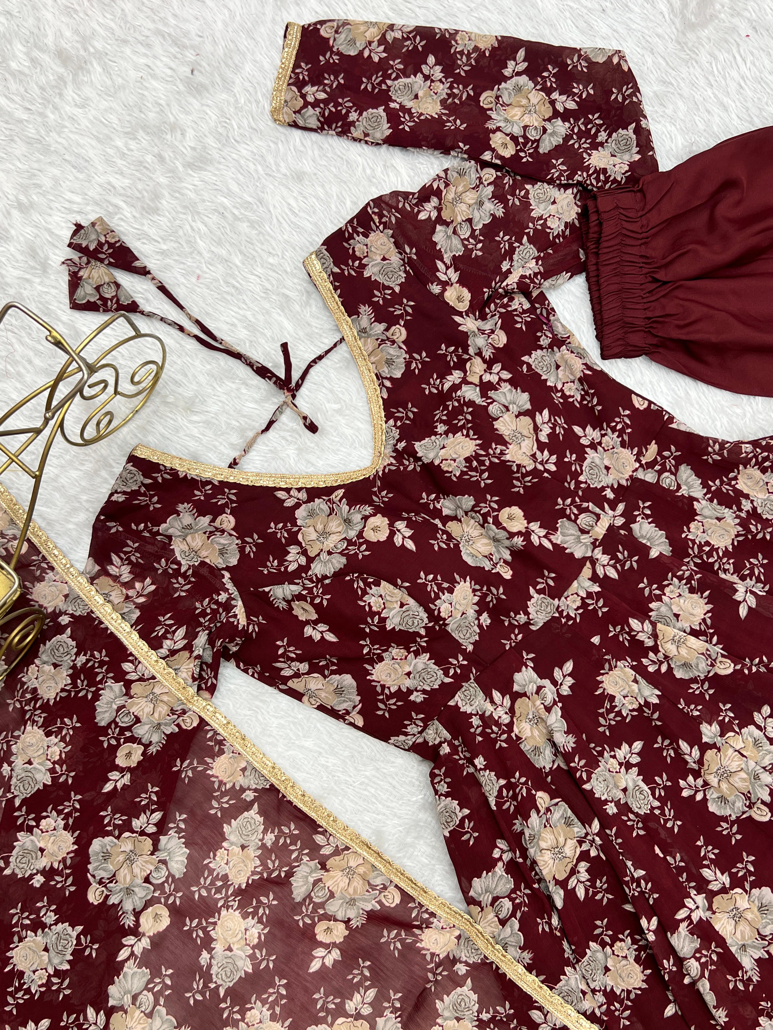 Exquisite Dark Maroon Floral Printed Fully Stitched Designer Anarkali Pant Suit - Ethnicwish
