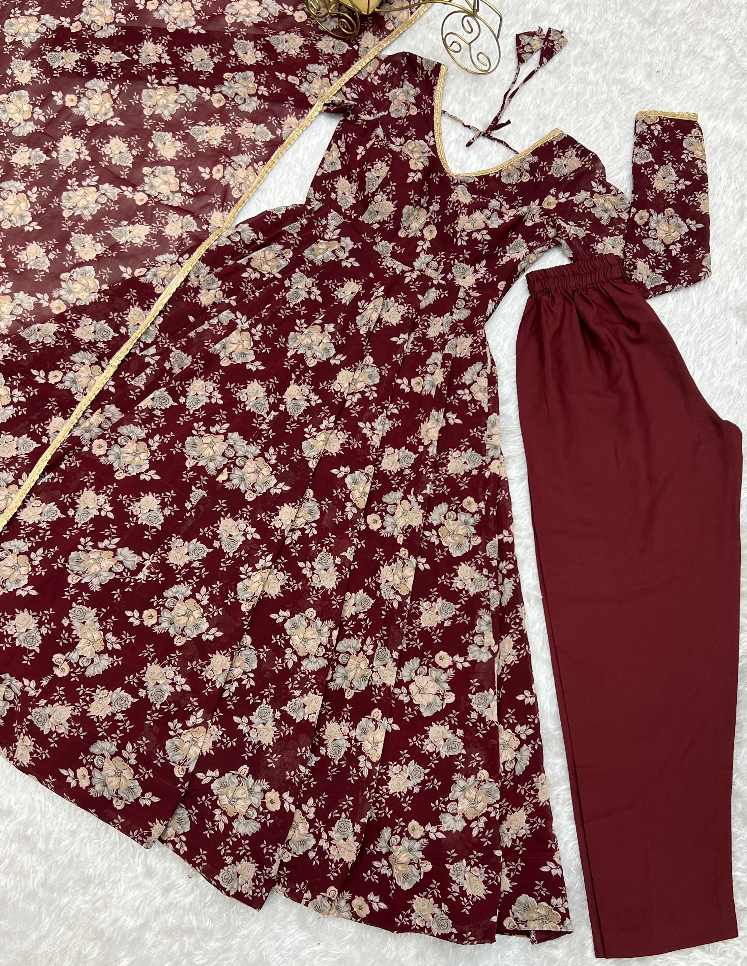 Exquisite Dark Maroon Floral Printed Fully Stitched Designer Anarkali Pant Suit - Ethnicwish
