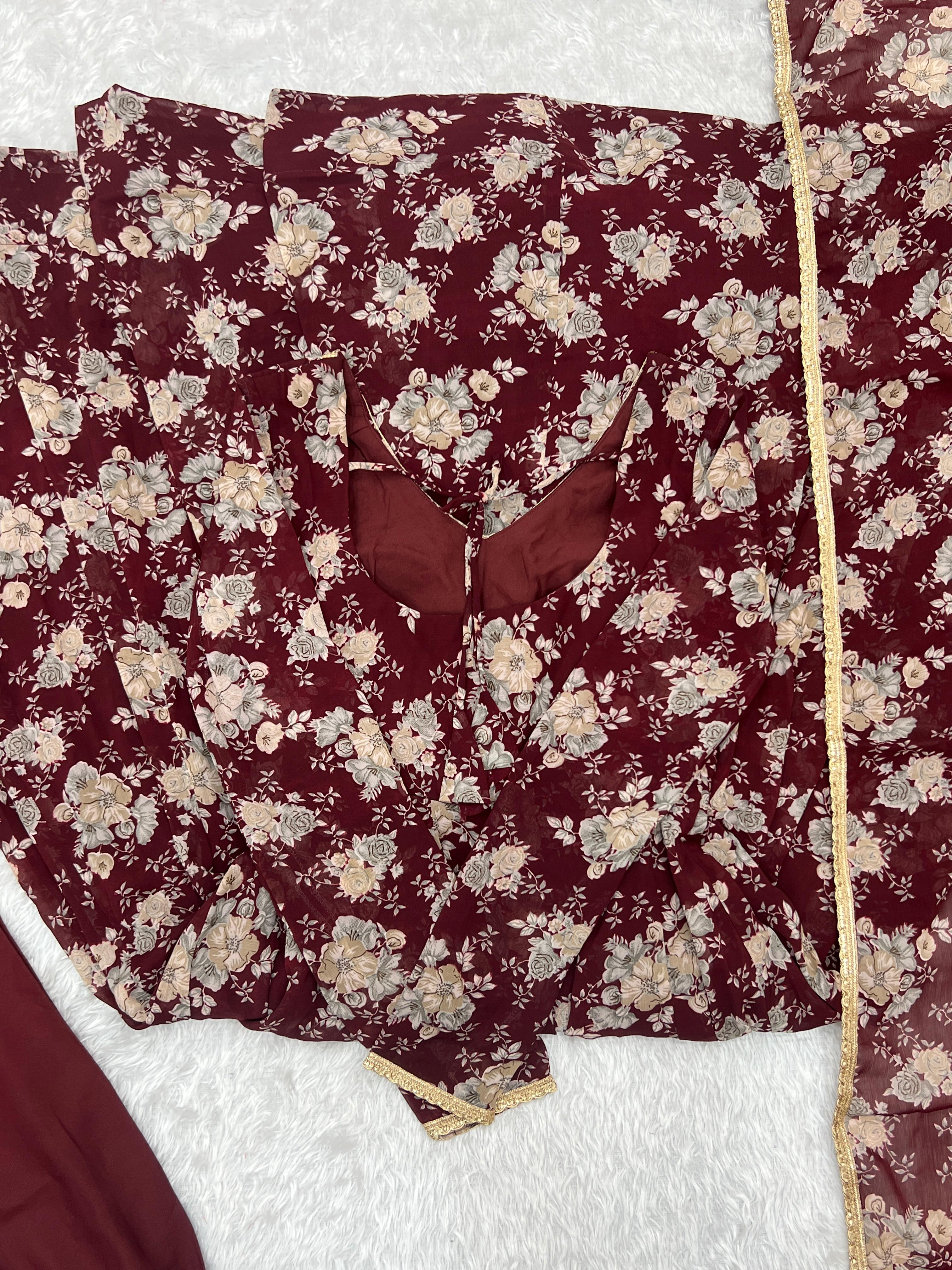 Exquisite Dark Maroon Floral Printed Fully Stitched Designer Anarkali Pant Suit - Ethnicwish