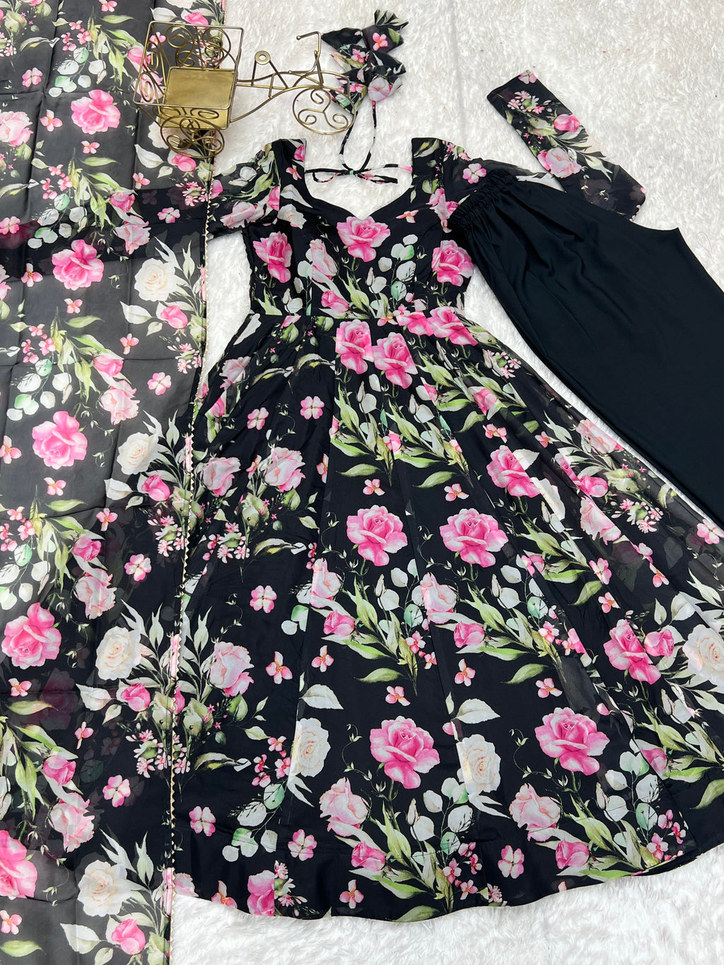 Ravishing Black Pure Organza Silk Floral Printed Anarkali Pant Suit - ETHNICDEAL