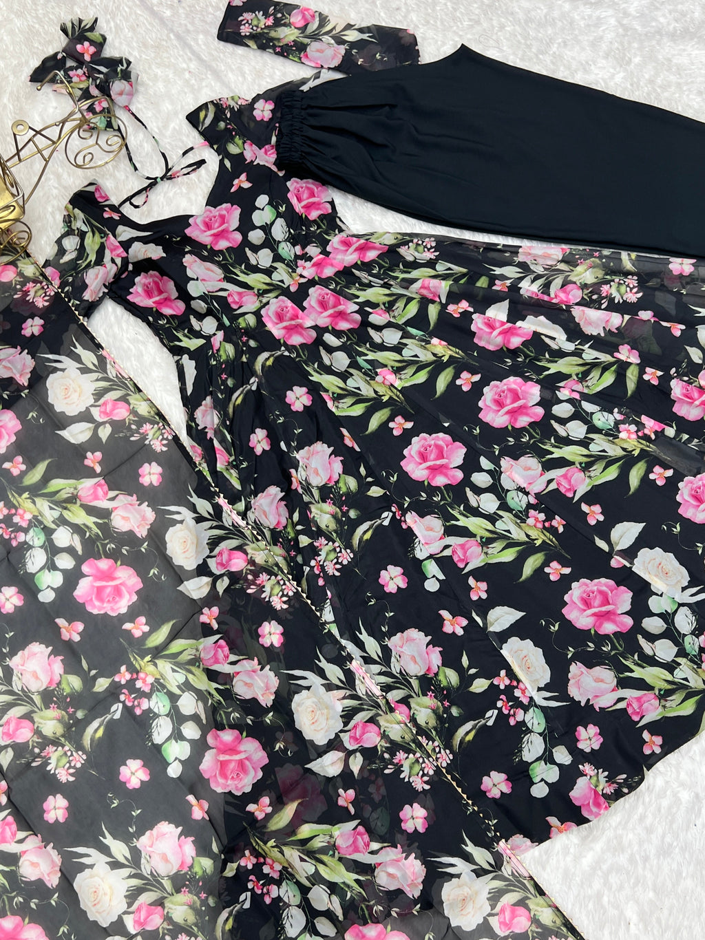 Ravishing Black Pure Organza Silk Floral Printed Anarkali Pant Suit - ETHNICDEAL