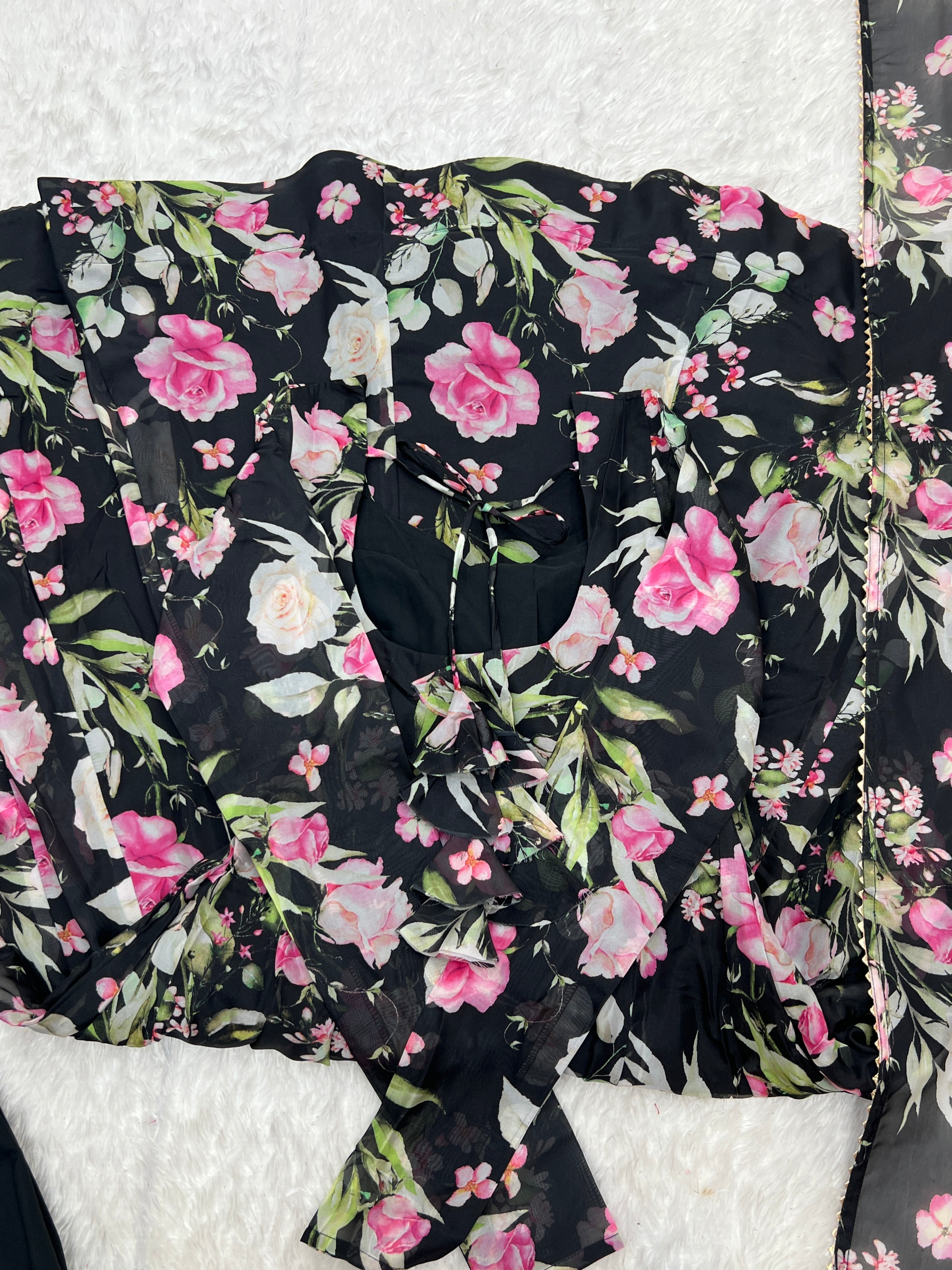 Ravishing Black Pure Organza Silk Floral Printed Anarkali Pant Suit - ETHNICDEAL