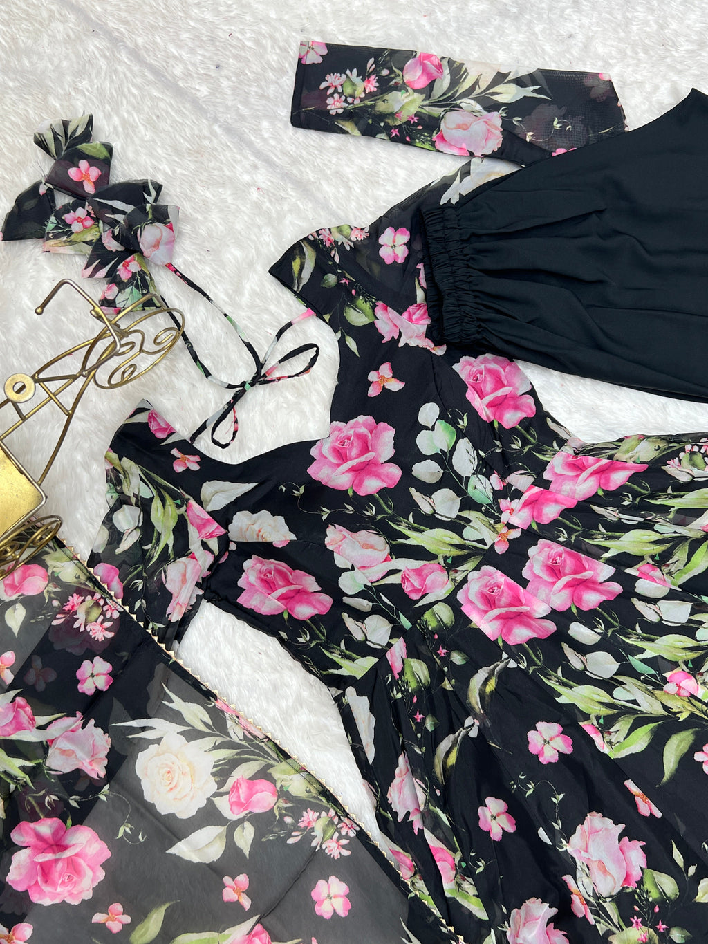 Ravishing Black Pure Organza Silk Floral Printed Anarkali Pant Suit - ETHNICDEAL